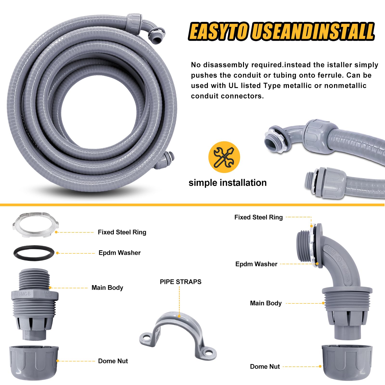 3/4 Inch 150ft Flexible Non-Metallic Liquid-Tight Electrical Conduit Kit with 10 Straight & 10 Angle Fittings + Pipe Straps - for Outdoor Wiring, Underground Installations & Industrial Electrical Projects