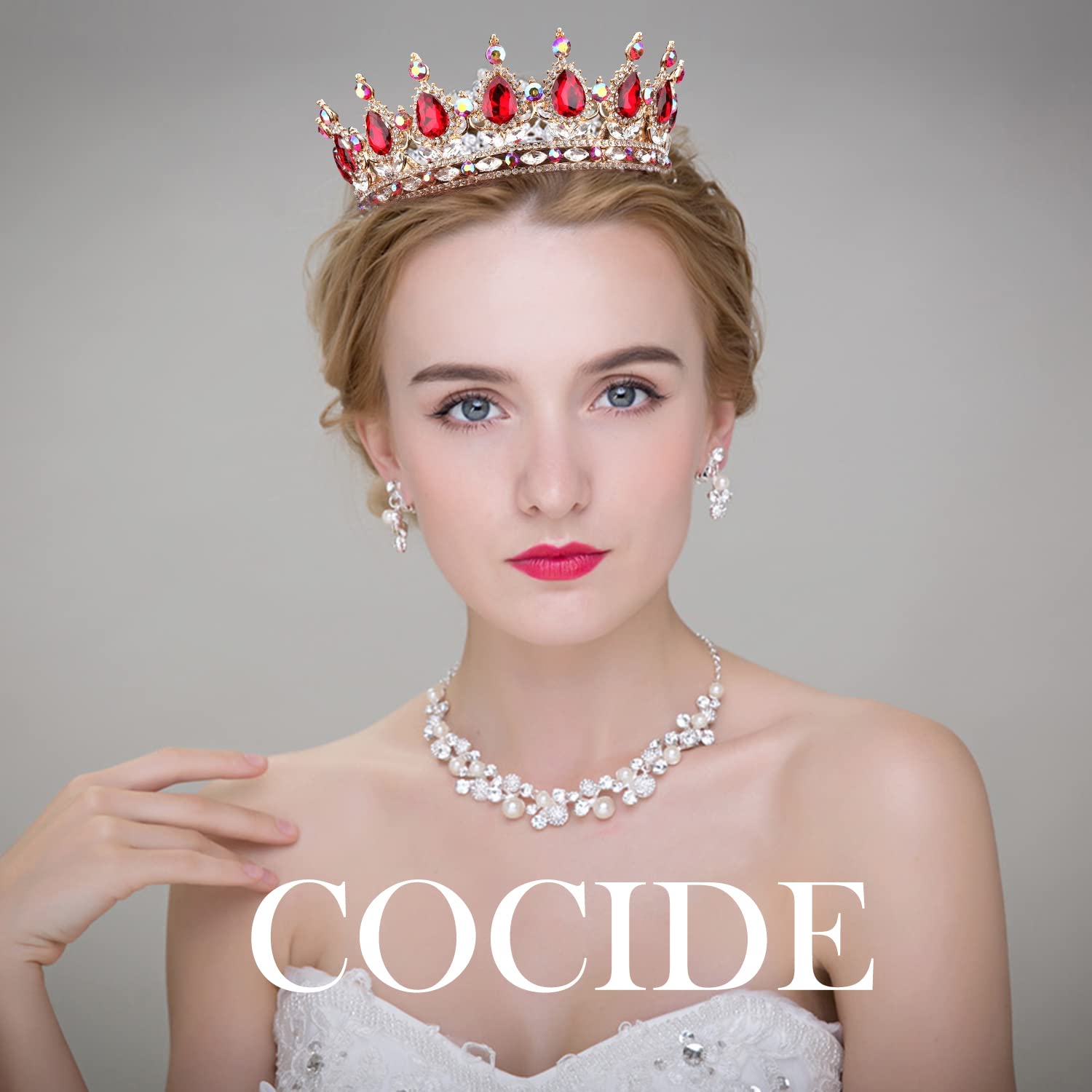COCIDE Gold Crown for Women & Girls - Red Crystal Wedding Tiara with Rhinestones, Queen Headband & Princess Hair Accessories for Bridal, Birthday, Prom, Costume & Cosplay | Perfect for Weddings, Parties, Pageants & Special Events