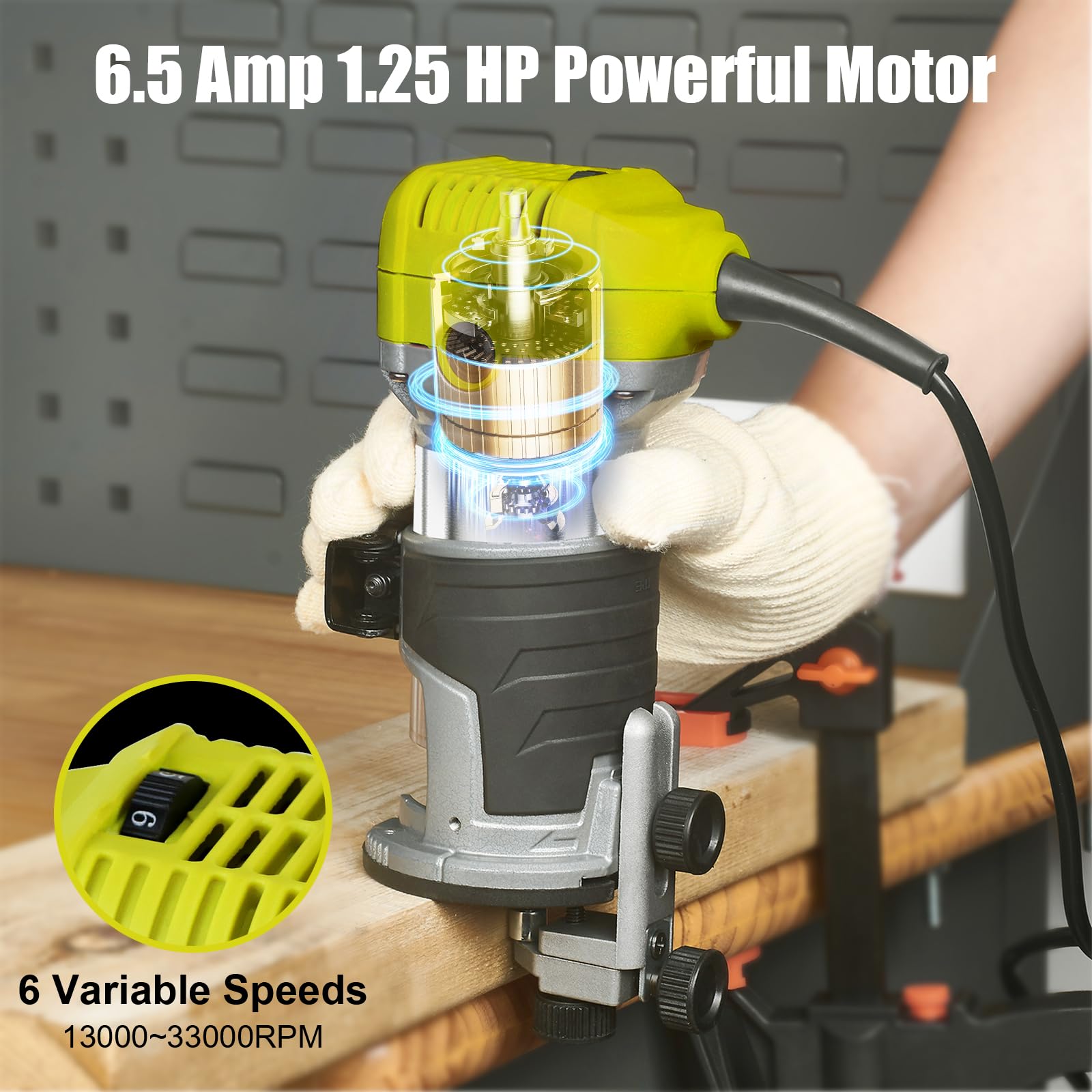 DEWINNER 710W Electric Wood Router Tool, 13000-33000 RPM Variable Speed with 6 Adjustments - Includes 3 Clamps & 5 Router Bits for Woodworking, DIY Projects, Cabinet Making, and Furniture Crafting
