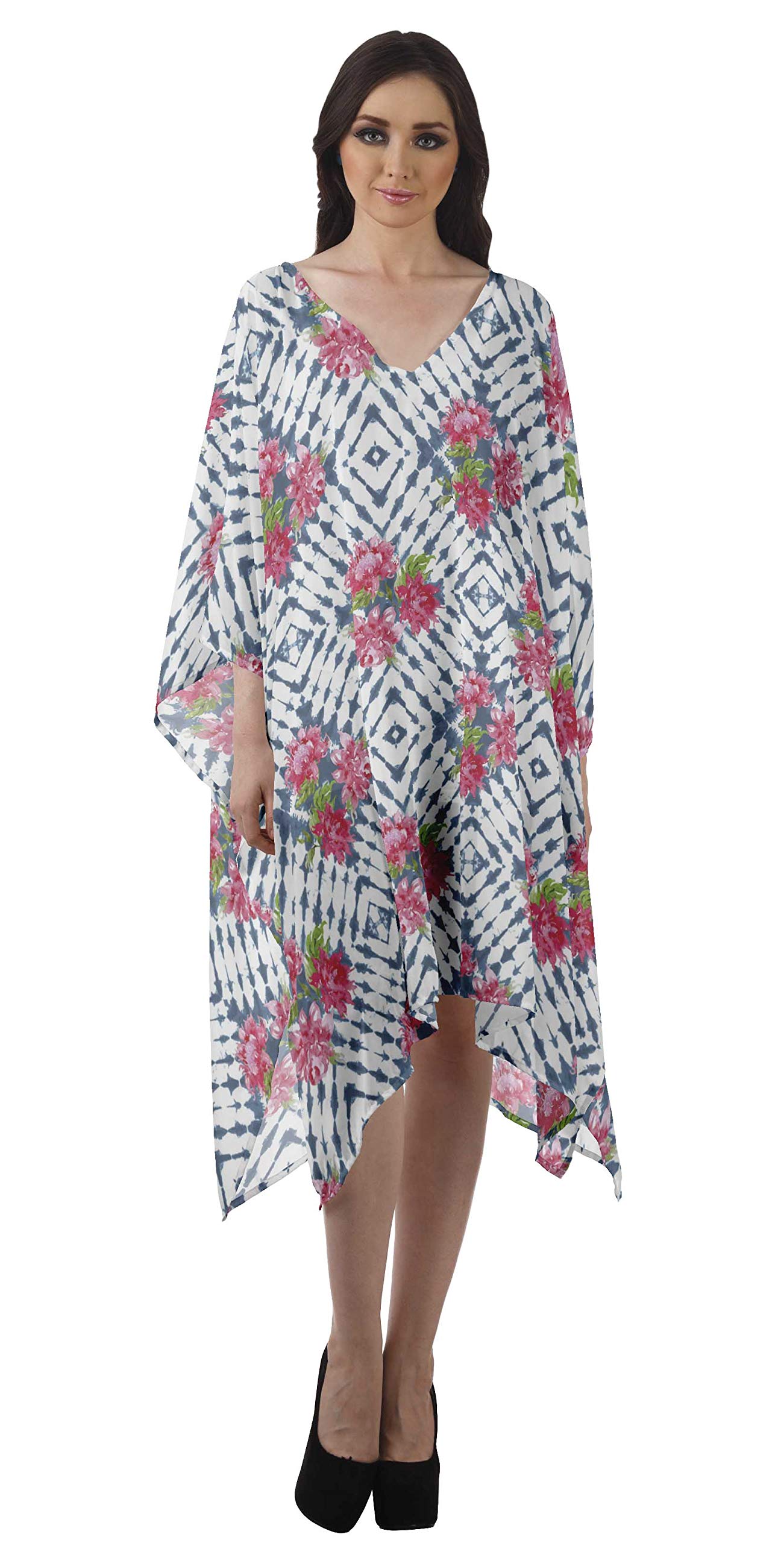 Moomaya Women's Georgette Short Beach Kaftan - Flowy Bikini Cover Up Dress with Side Slits - Perfect for Poolside, Vacation & Summer Outfits