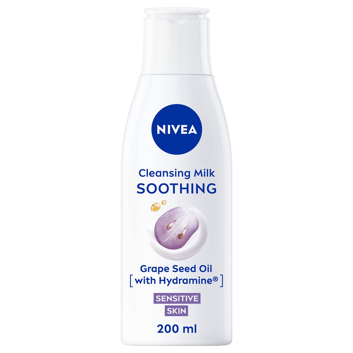 NIVEA Soothing Cleansing Milk (200ml) - Gentle Face Cleanser with Grape Seed Oil & Hydramine for Sensitive Skin | Makeup Remover & Daily Moisturizing Cleanser | Perfect for Dry & Sensitive Skin Care Routine