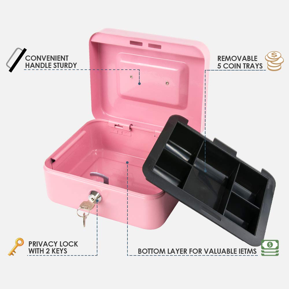 Kyodoled Medium Cash Box with Money Tray & Key Lock - 7.87