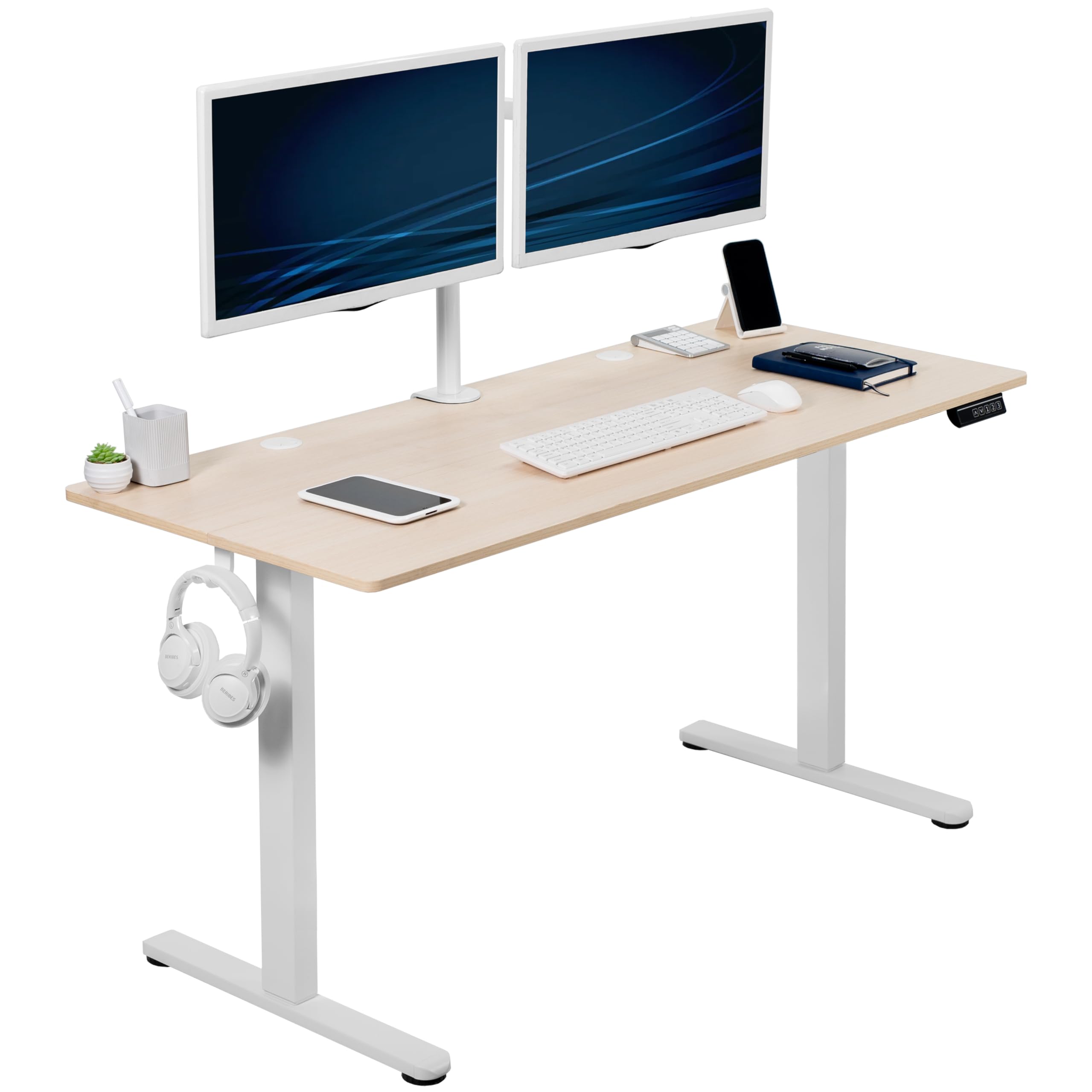 VIVO Electric Height Adjustable 55 x 24 inch Sit Stand Desk with Memory Controller, Light Wood Top & White Frame - Perfect for Home Office, Gaming & Workspace (DESK-E155TC)