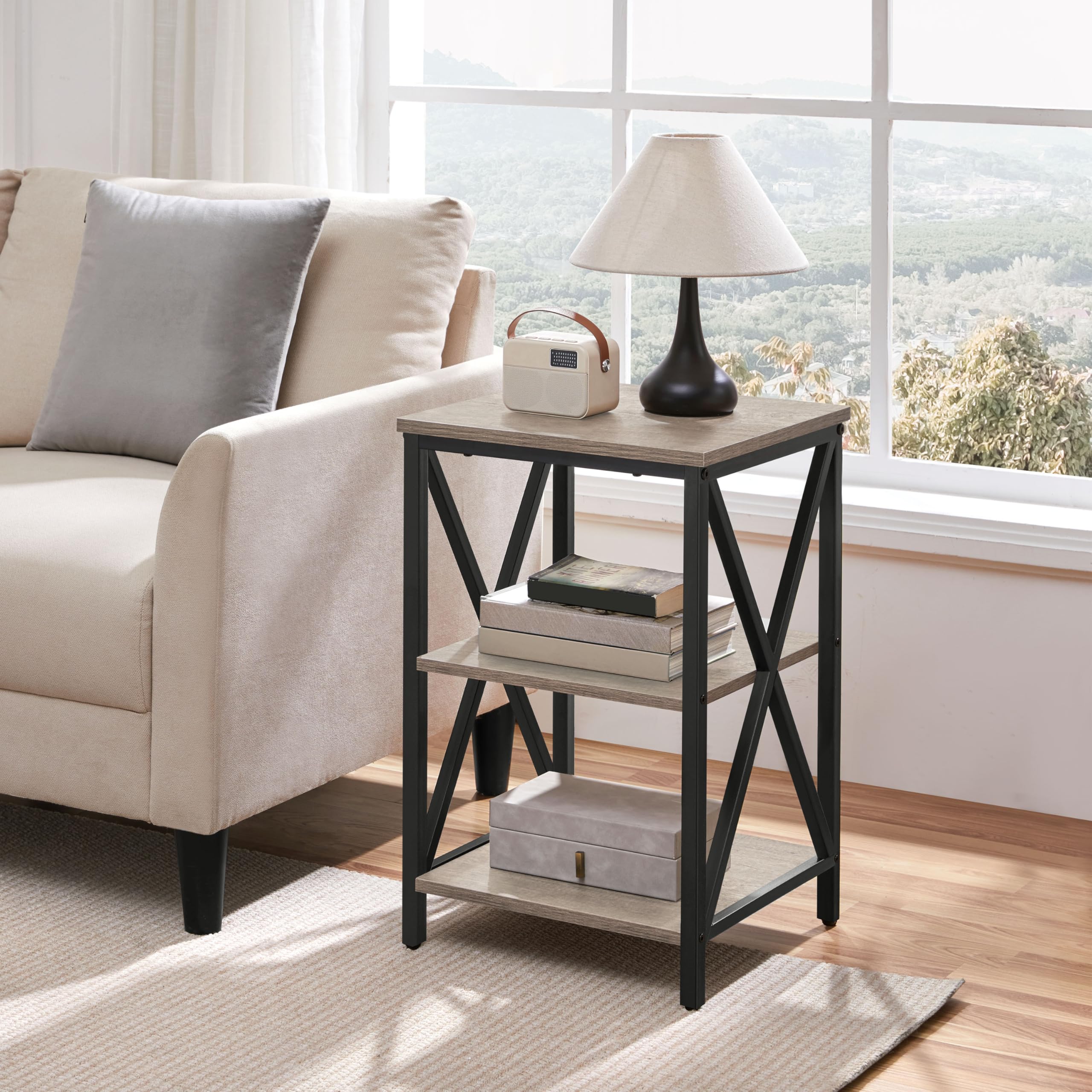 Yaheetech 2-Pack Industrial End Tables with 3-Tier Storage Shelves - Sturdy Metal Frame X-Design Side Tables for Living Room, Bedroom or Office - Easy Assembly, 16x16x24.5 Inches, Gray - Perfect for Holding Lamps, Books, Plants and Living Room Decor
