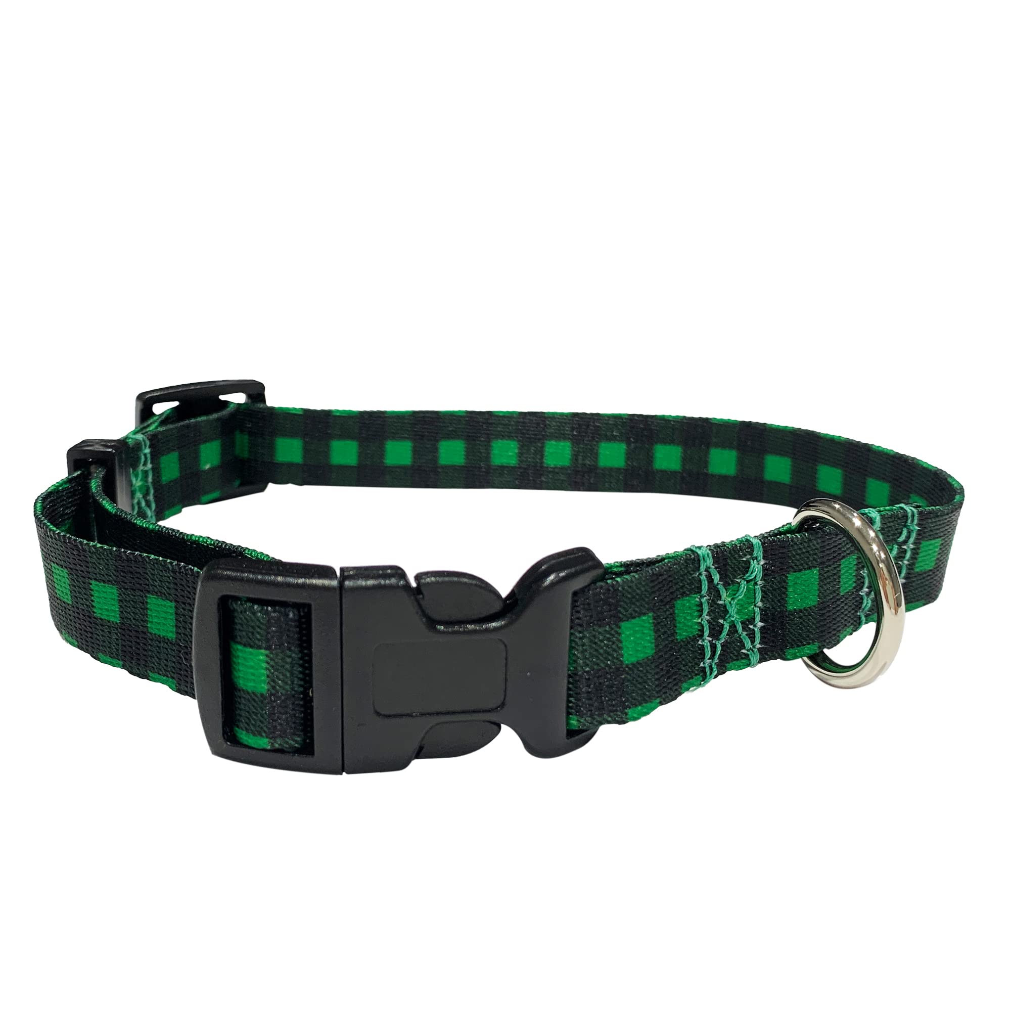 Perri’s Print - Adjustable Green & Black Gingham Dog Collar with Buckle, Durable Polyester Pet Collar for Small Medium Large Dogs - Perfect for Daily Walks, Training & Fashion Accessories