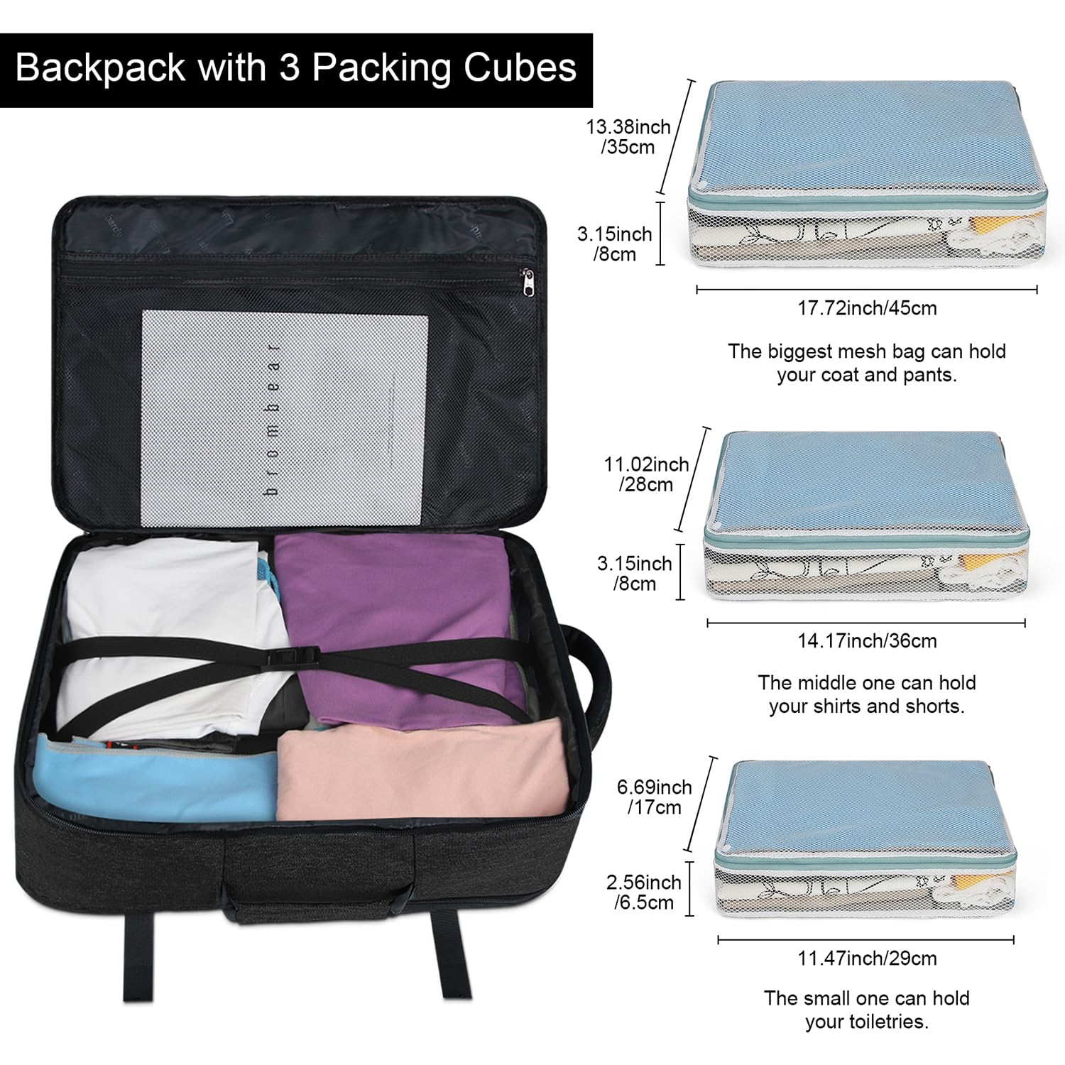17 Inch Waterproof Travel Laptop Backpack for Men & Women - Large Carry On Luggage with 3 Packing Cubes - Perfect for Business, School, Weekender & Overnight Trips - Black