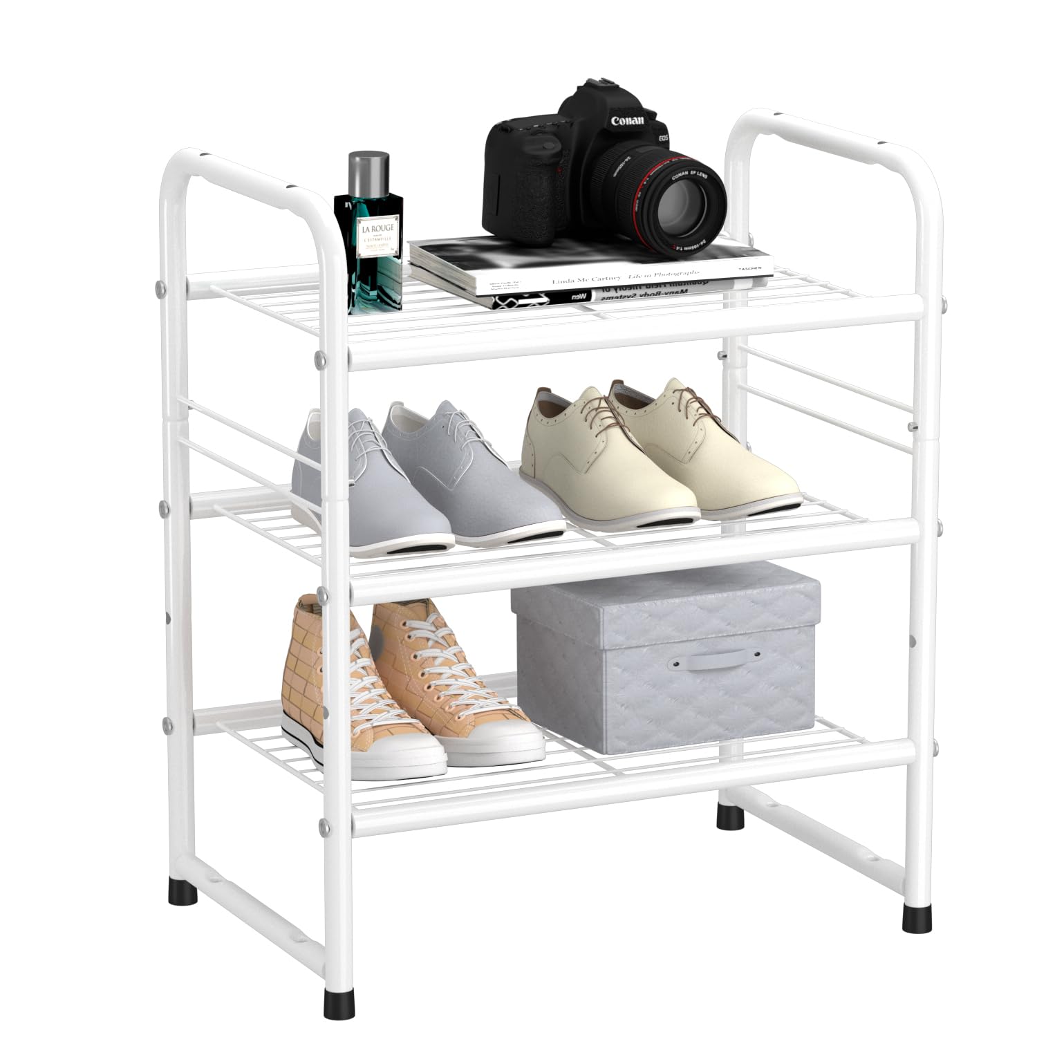 Wkokos Compact Wire Shoe Rack Shelf - 3-Tier Stackable Shoe Organizer for Closet, Entryway & Bedroom - Space Saving Heavy Duty Storage Shelves for Shoes, Boots & Accessories - White