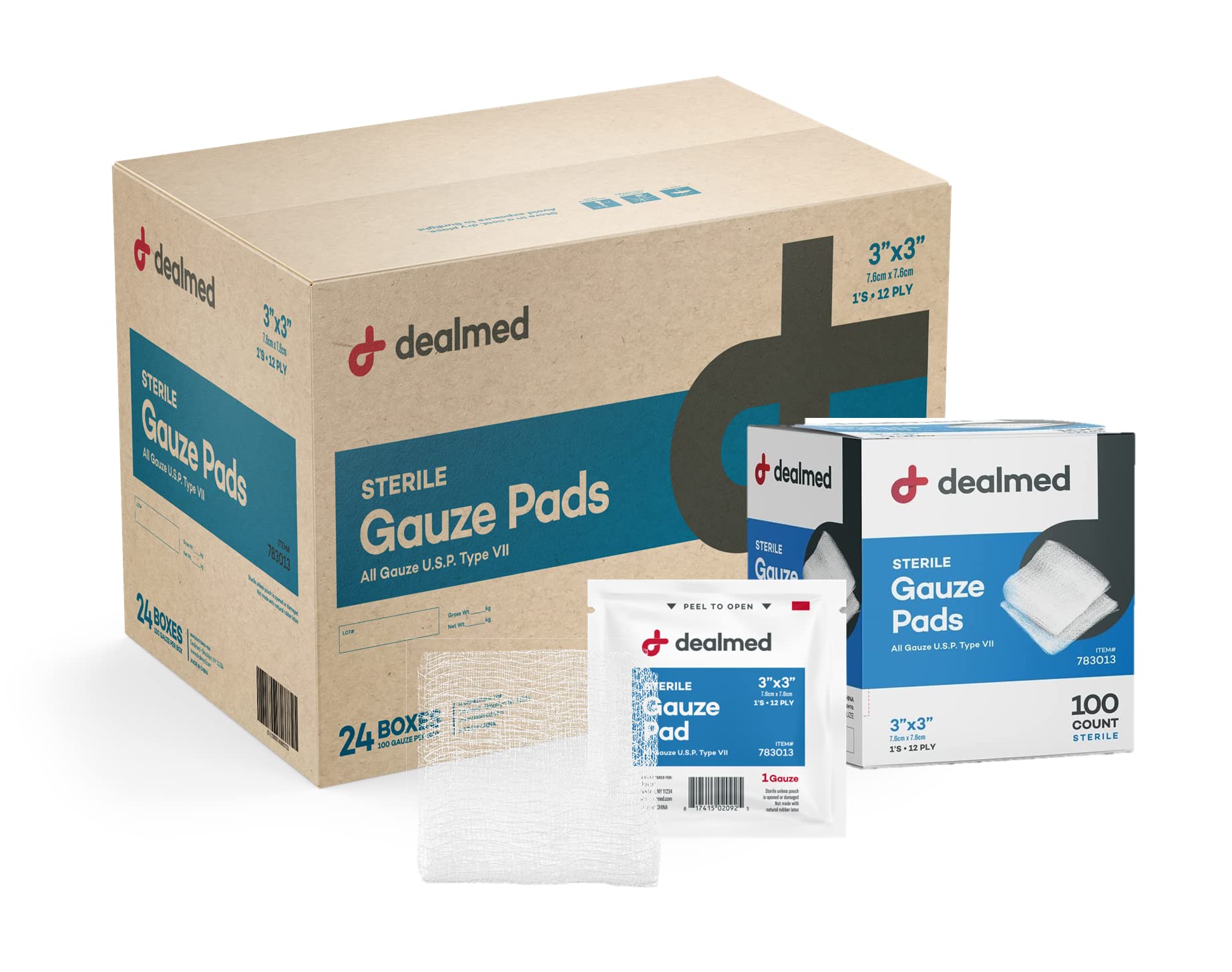 Dealmed 3x3 Inch Sterile Gauze Pads - 100 Count Individually Wrapped Medical Wound Dressing for First Aid, Emergency Care & Hospitals | Perfect for Cuts, Burns, Surgical Wounds & First Aid Kits (24-Pack Case)