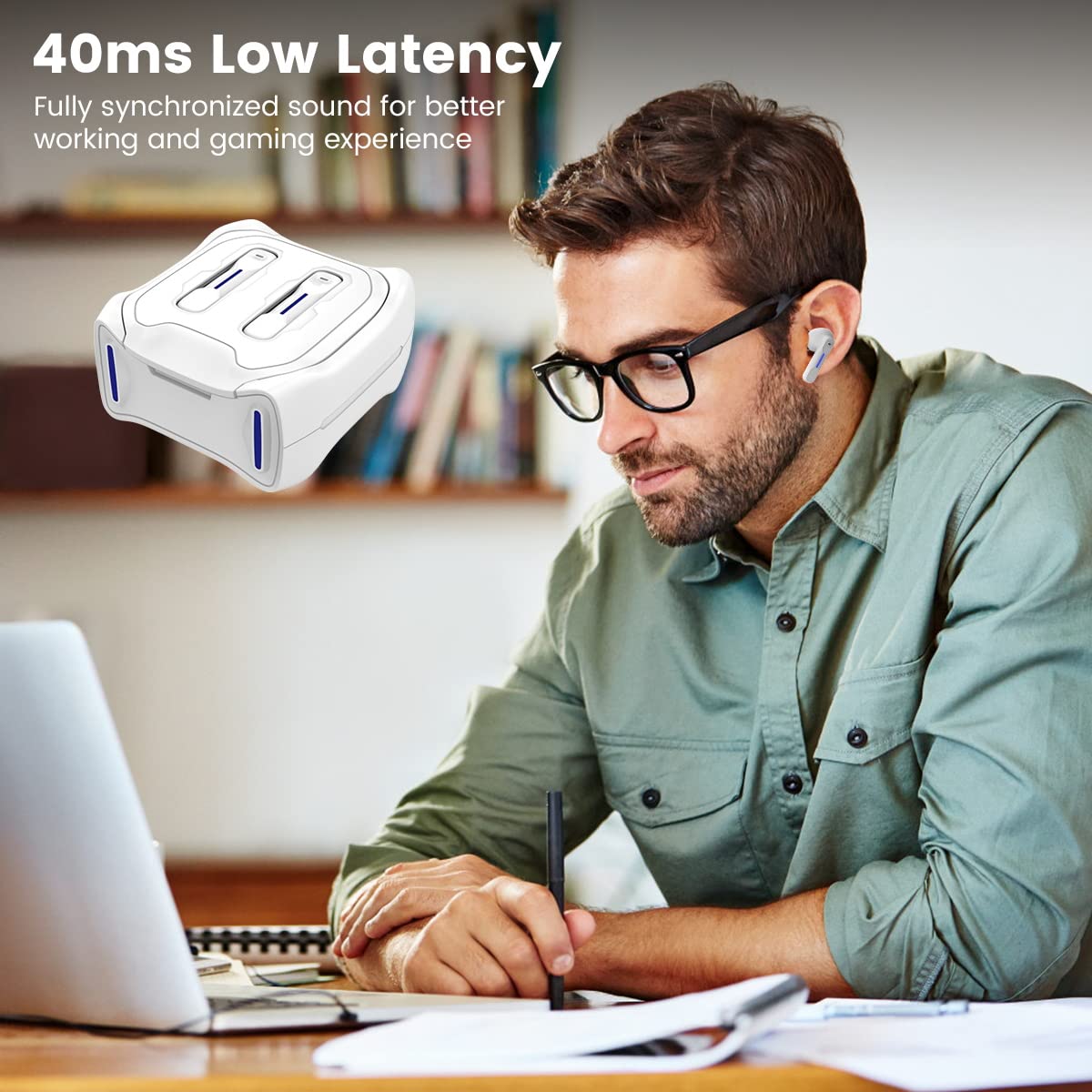 SW4 Wireless Earbuds for PC, Computer & Laptop - Bluetooth 5.0 with USB Dongle - 30ms Low Latency Gaming Headset with Mic - App Control - Noise Cancelling Work Headphones for Office, Zoom Calls & Online Meetings (White)