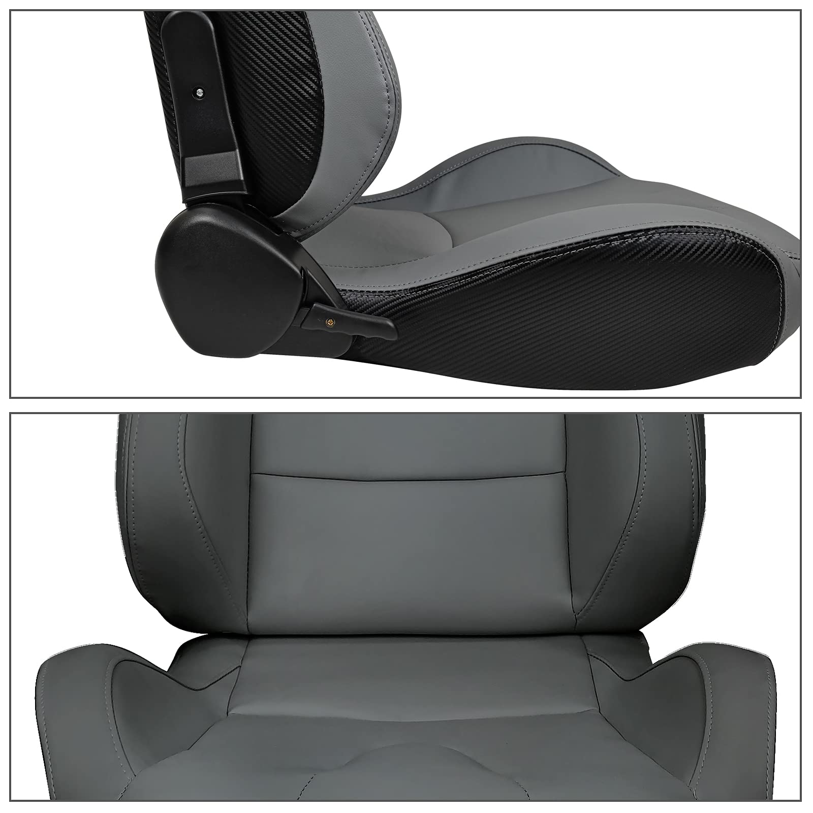 FREEMOTOR802 Universal Racing Seats - Reclinable Sport Car Seats with Dual Lock Sliders, Adjustable Bucket Seats (1 Pair for Driver & Passenger) - PU & Carbon Fiber Fabric in Gray with Logo - Perfect for Racing, Drifting & Performance Car Upgrades