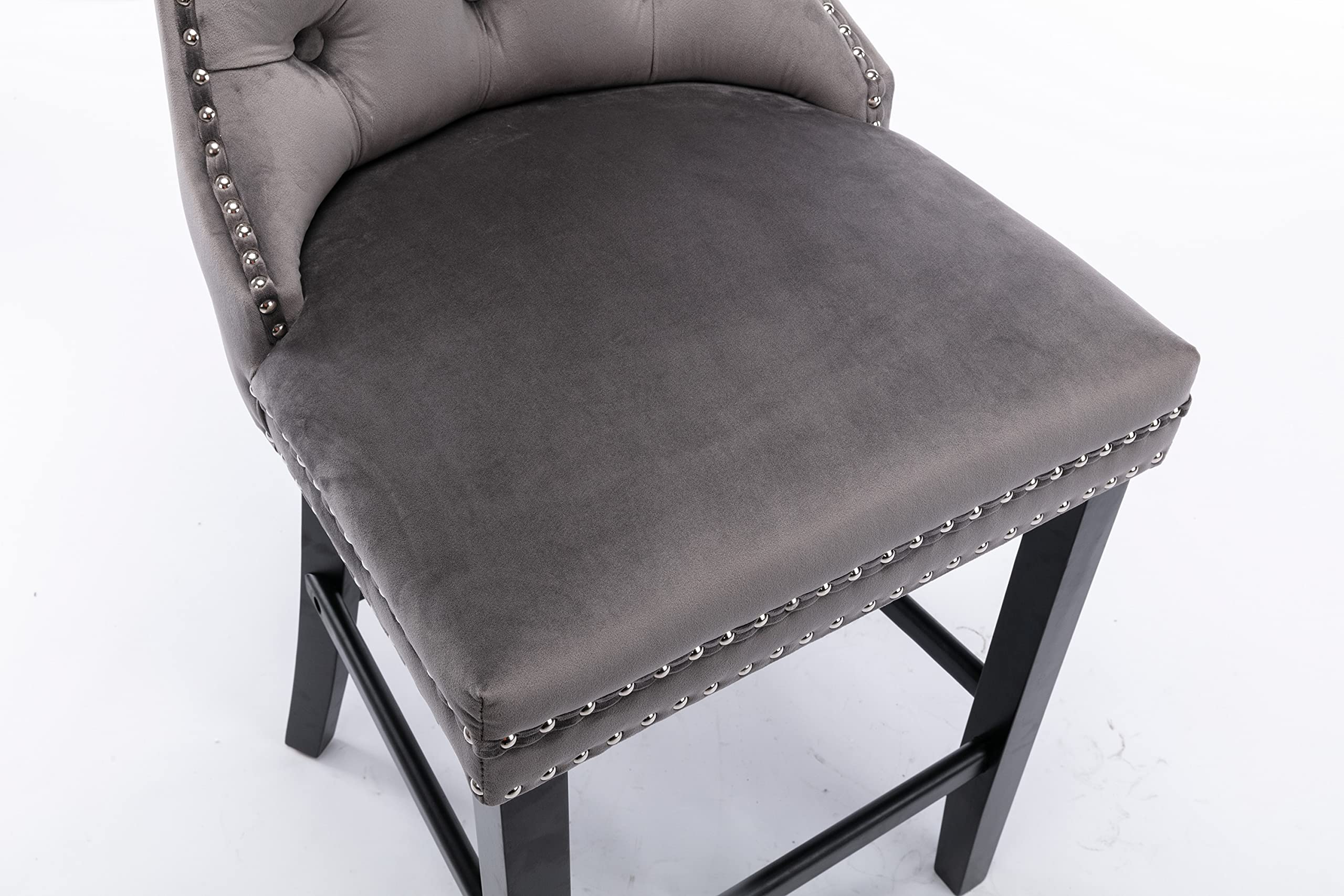 Luxury Velvet Fabric Dining Bar Chairs - Tufted Back with Nailed Trim & Ring Pull - Armless Counter Height Chairs for Kitchen & Home - Solid Rubber Wood Legs - Set of 2 Grey Bar Stools - Perfect for Breakfast Nook, Kitchen Island & Small Space Dining