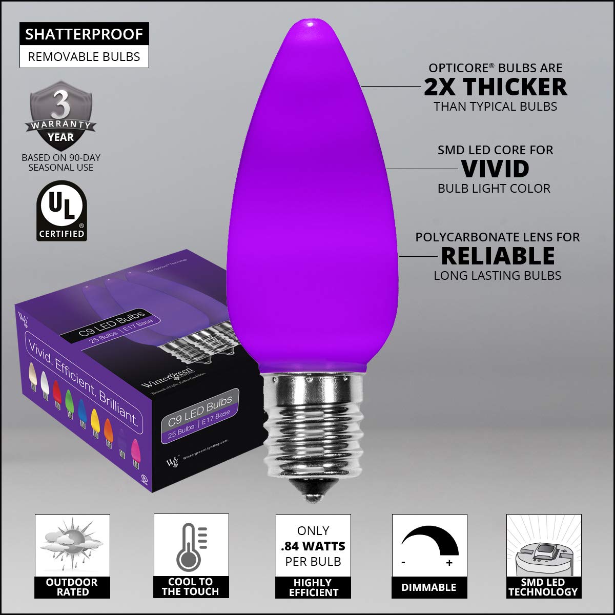 OptiCore C9 Halloween String Lights - 25 ft Commercial Grade Outdoor Hanging Lights (25 Purple Smooth/Opaque Bulbs) - Heavy Duty Fall & Halloween Decorations for Porch, Yard, and Party Decor