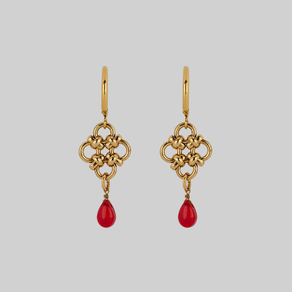 RUBIOUS Gold Chainmail & Red Glass Hoop Earrings - Elegant Statement Jewelry for Women, Perfect for Parties, Weddings & Special Occasions