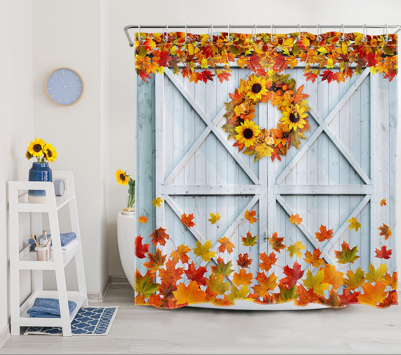 HVEST Maple Leaves Shower Curtain - Sunflower Blue Barn Door Bathroom Decor, Farmhouse Harvest Holiday Bath Curtain with Hooks, 72x72 Inches Polyester Fabric - Perfect for Rustic Bathrooms, Farmhouse Style Homes & Autumn Themed Decorations