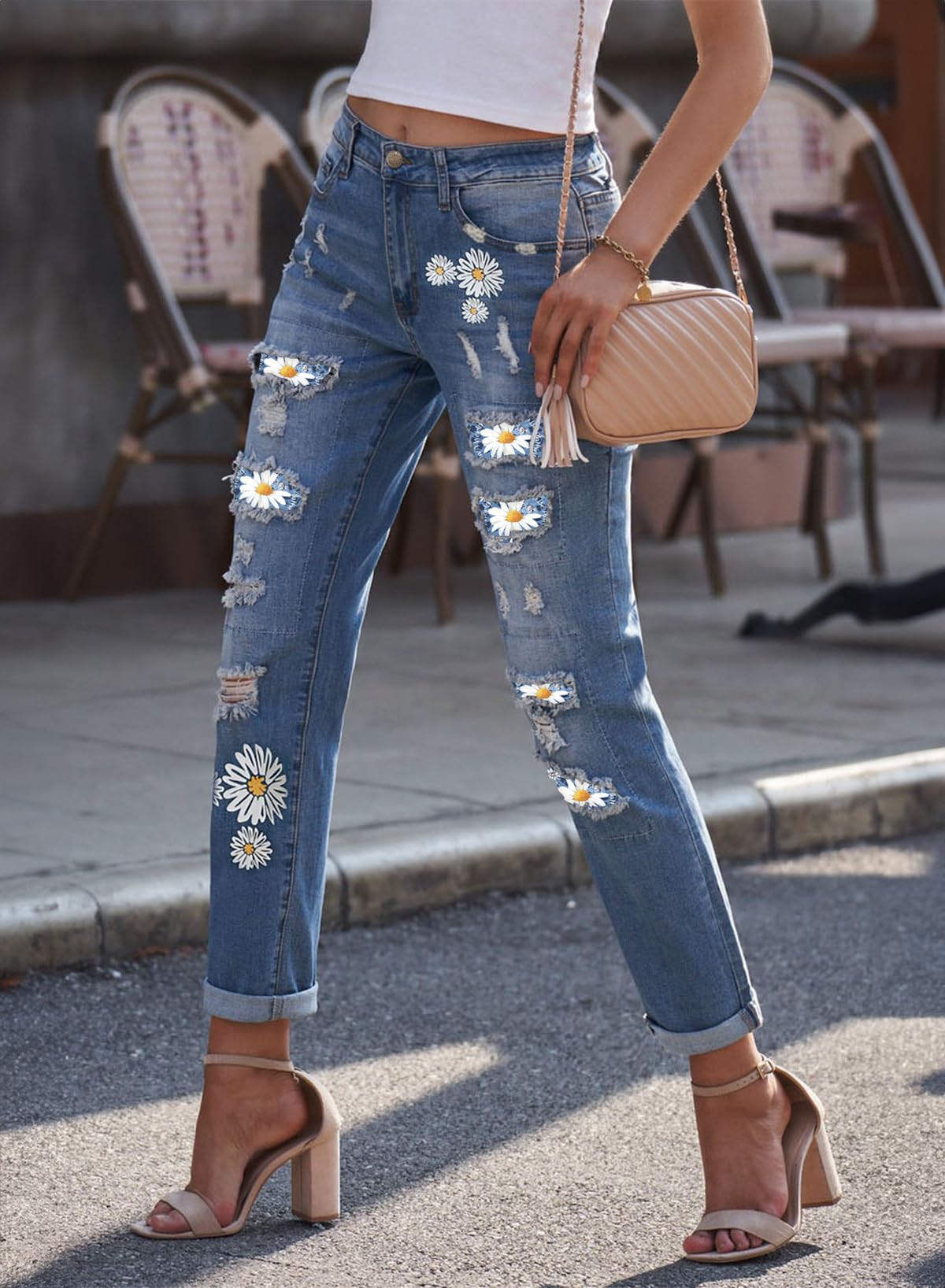 EVALESS Women's Ripped Boyfriend Jeans - Distressed Skinny Denim Pants with Plaid Patch Design | Casual Streetwear & Everyday Fashion