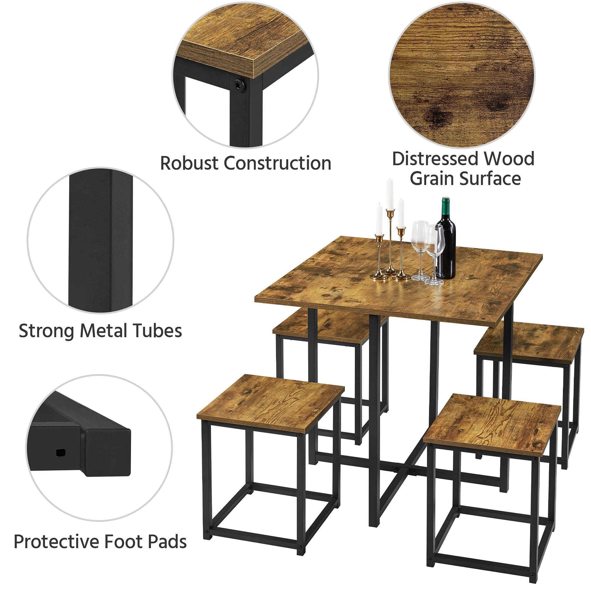 Yaheetech 4-Piece Industrial Dining Table Set with Stools - Compact Kitchen Table & Chairs for Small Spaces, Rustic Brown Finish - Perfect for Apartments, Breakfast Nooks & Cozy Dining Areas