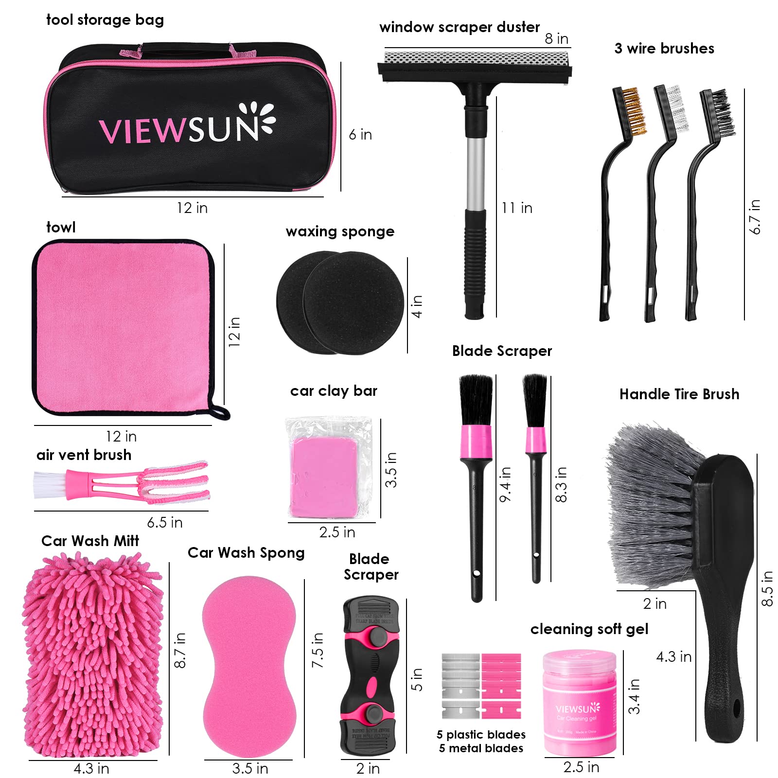 Viewsun 19PCS Pink Car Cleaning Kit for Women - Interior & Exterior Detailing Set with Cleaning Gel, Razor Scraper, Tire Brush, Wash Mitt, Squeegee & Microfiber Wax Applicator | Perfect for Car Washing, Detailing & Gift Giving