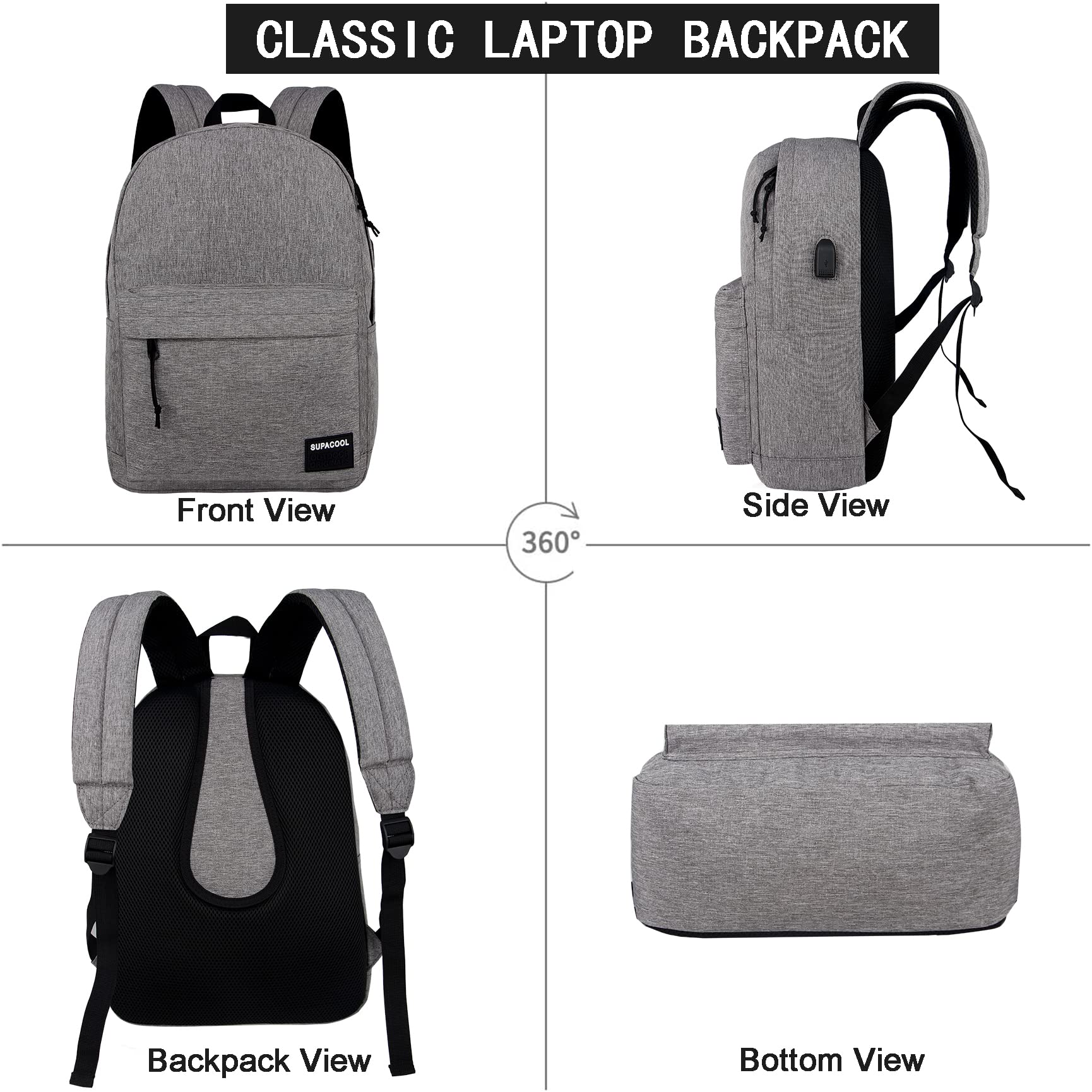 SUPACOOL Lightweight Laptop Backpack with USB Charging Port - Water-Resistant College Backpack for Men & Women (Light Grey) - Perfect for Work, School & Travel