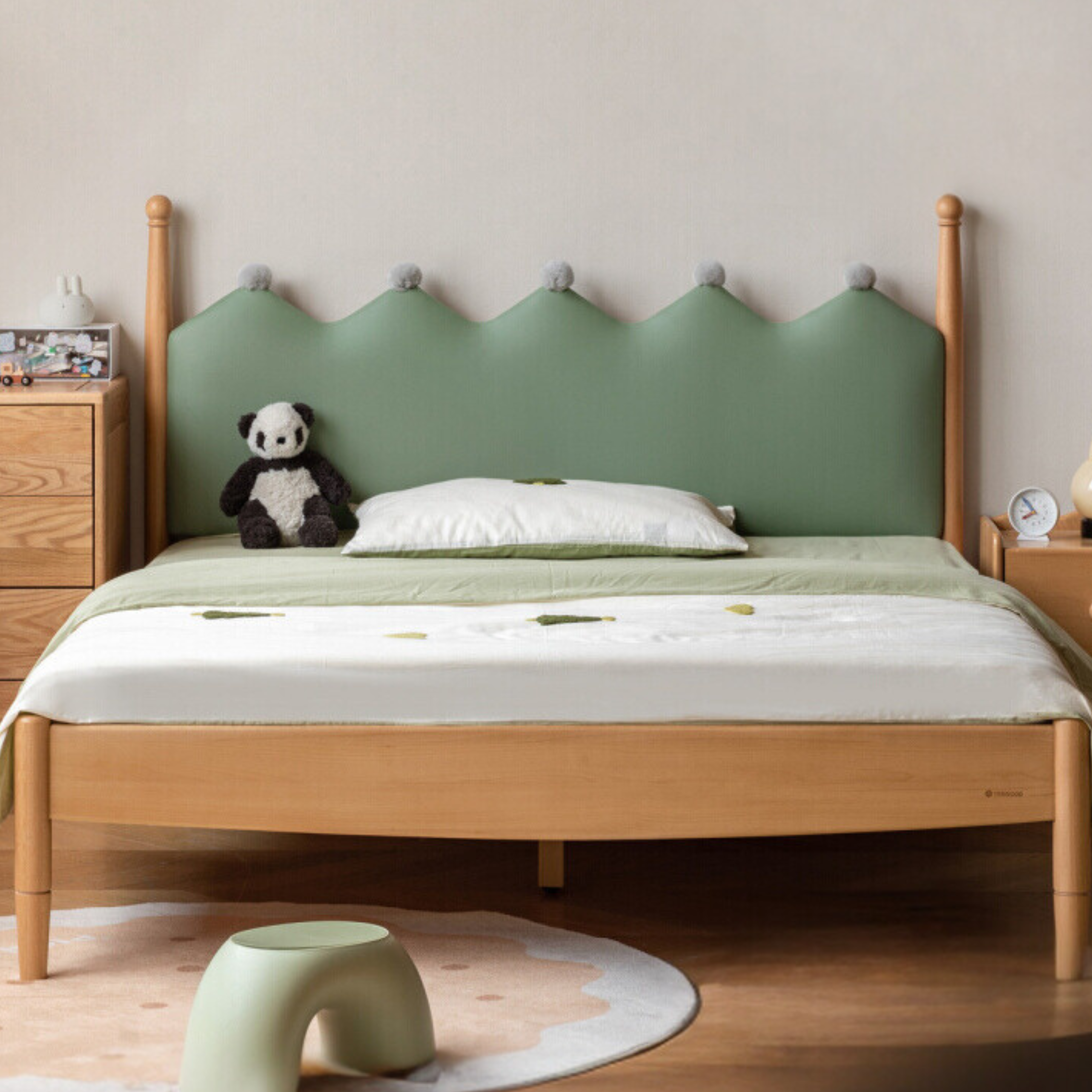 Modern Beech Solid Wood Princess Bed for Girls with Organic Leather Upholstery – Perfect for Kids' Bedrooms, Playrooms & Nursery Decor