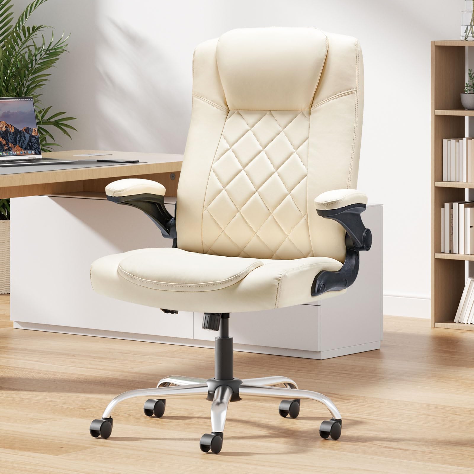 Premium Ergonomic Executive Office Chair with Flip-Up Arms, Adjustable Height & Lumbar Support - PU Leather Swivel Computer Desk Chair with Smooth-Rolling Wheels & Rocking Function (White) - Perfect for Home Office, Gaming Setup & Conference Rooms