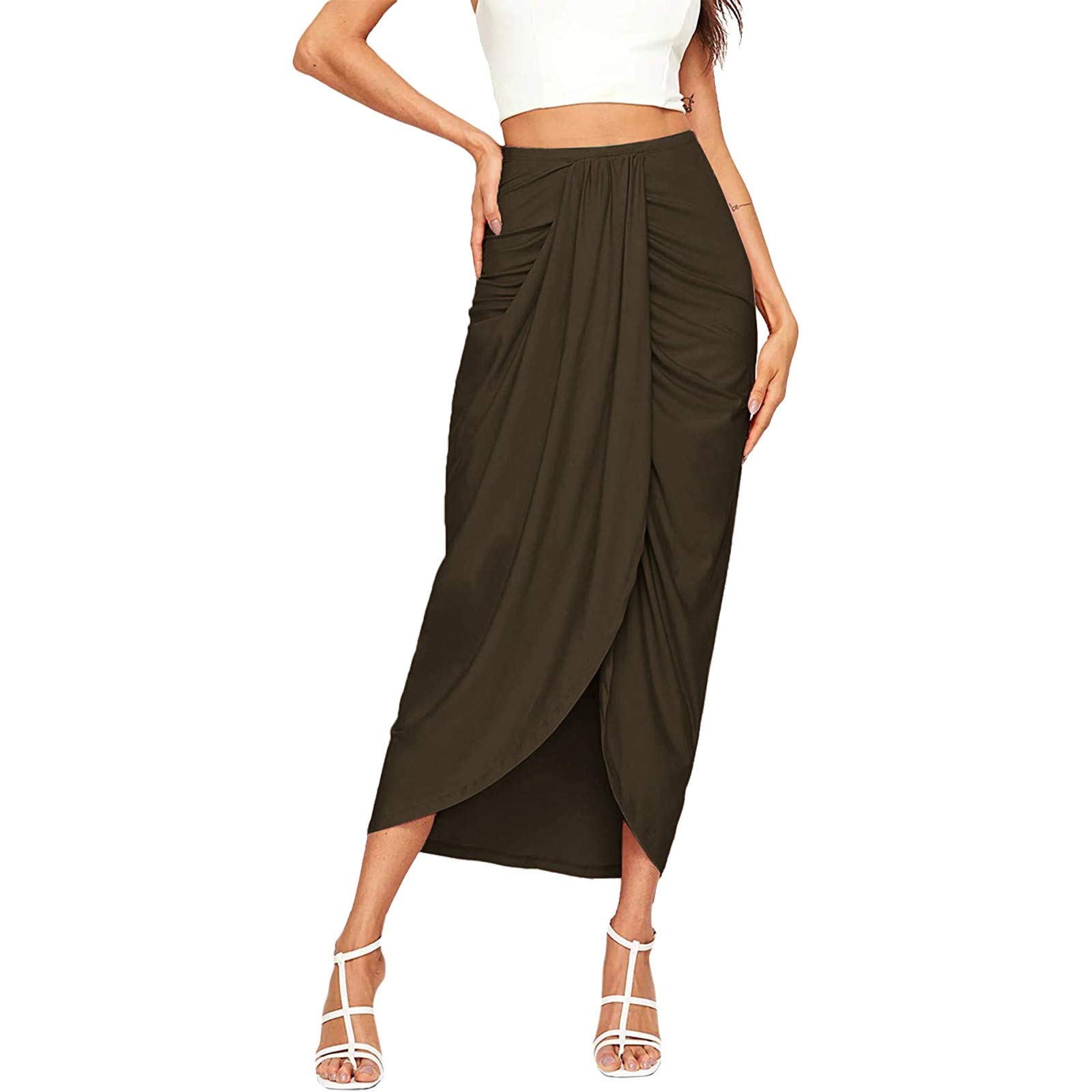 Women's Maxi Skirt - Draped Casual Wrap Waist Skirt with High Slit & Elastic Waistband, Asymmetrical Solid Coffee Color - Perfect for Summer Outfits, Beach Vacations and Boho Chic Style