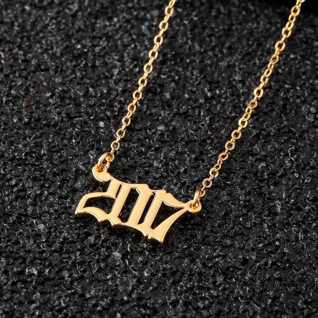 18K Gold Plated Old English Birth Year Necklace for Women - Personalized Number Pendant Jewelry Gift (1970-2021) | Perfect for Birthday, Anniversary & Mother's Day Gifts | Elegant Layering Piece for Everyday Wear