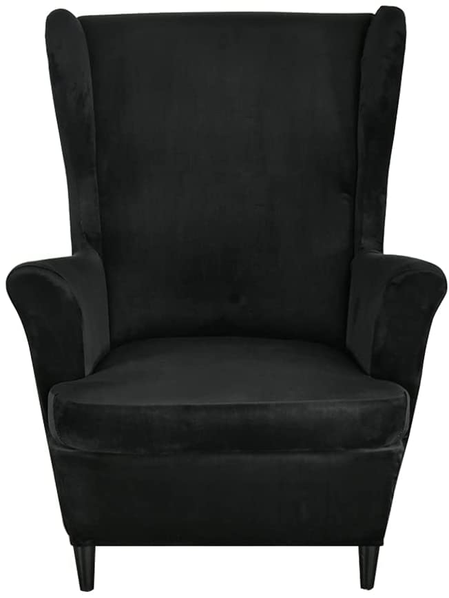 Velvet Wingback Chair Slipcover 2-Piece Set - Stretchable Spandex Fabric with Elastic Bottom - Printed Wing Chair Cover for Living Room, Study, or Bedroom - Black