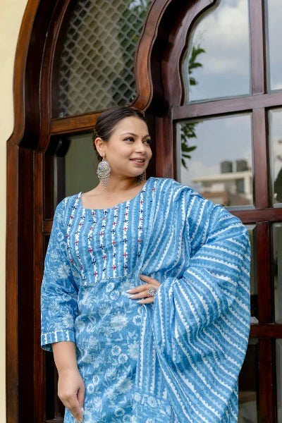 Plus Size Sky Blue Printed Salwar Suit for Women - UK Next Day Delivery | Elegant Indian Ethnic Wear for Weddings & Festivals