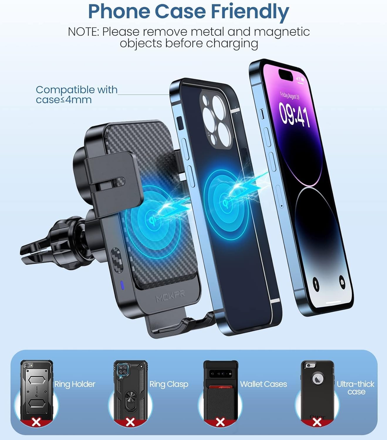 MOKPR 15W Fast Wireless Car Charger - Auto-Clamping Universal Car Mount for iPhone 15/14/13/12 & Samsung S23/S22/S21 - Hands-Free Dash/Windshield/Air Vent Phone Holder (Black) - Perfect for Commuting, Road Trips & GPS Navigation