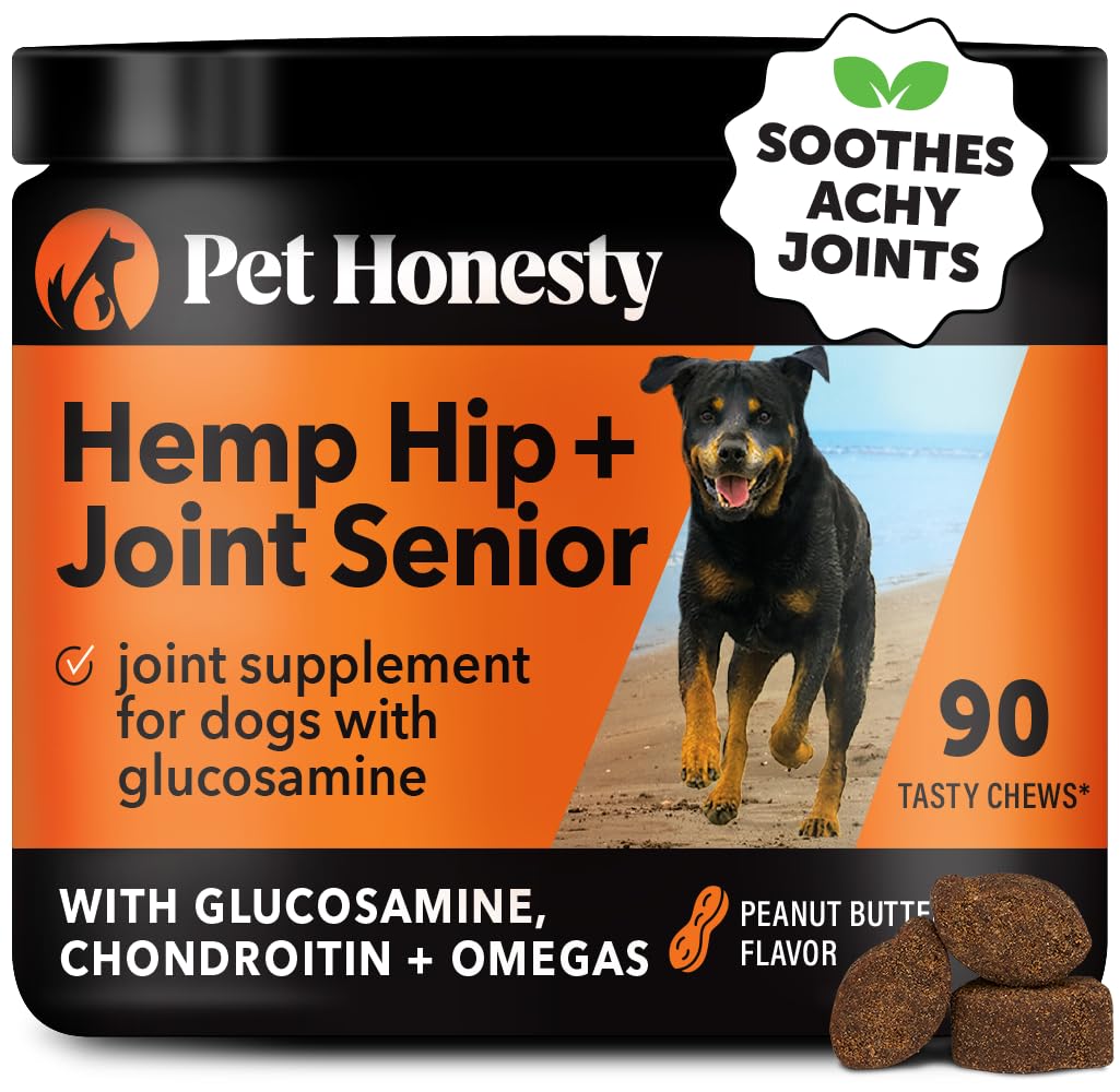 Pet Honesty Senior Hemp Hip & Joint Support for Dogs - Glucosamine, Collagen & MSM Supplement with Green Lipped Mussel - Helps Mobility & Discomfort in Aging Dogs - Peanut Butter Flavor (90 Count) - Perfect for Senior Dogs with Joint Stiffness & Daily Movement Support