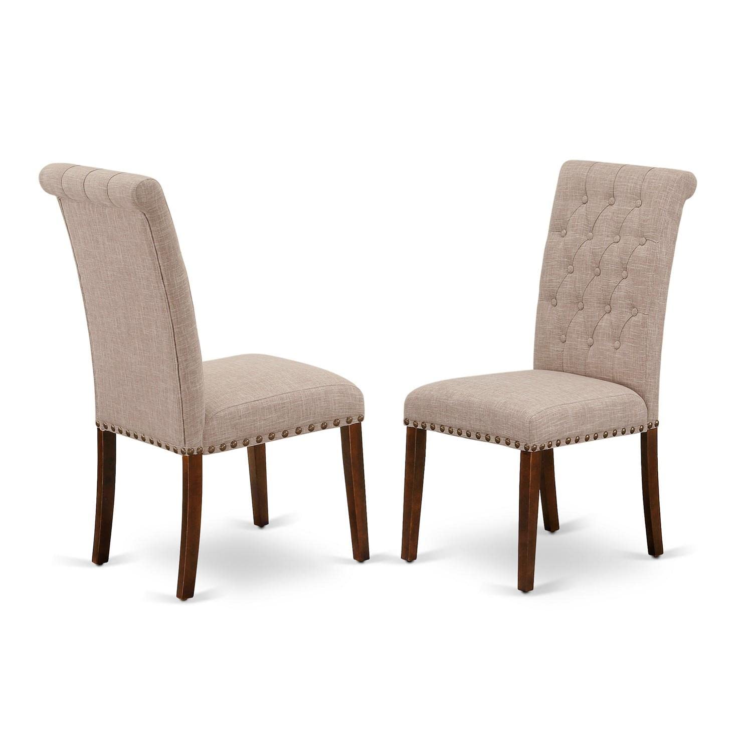 East West Furniture DLBR3-MAH-04 3-Piece Round Dining Table Set with Drop Leaf & 2 Linen Parsons Chairs, 42x42 Inch, Mahogany - Perfect for Small Spaces, Breakfast Nooks & Cozy Apartments