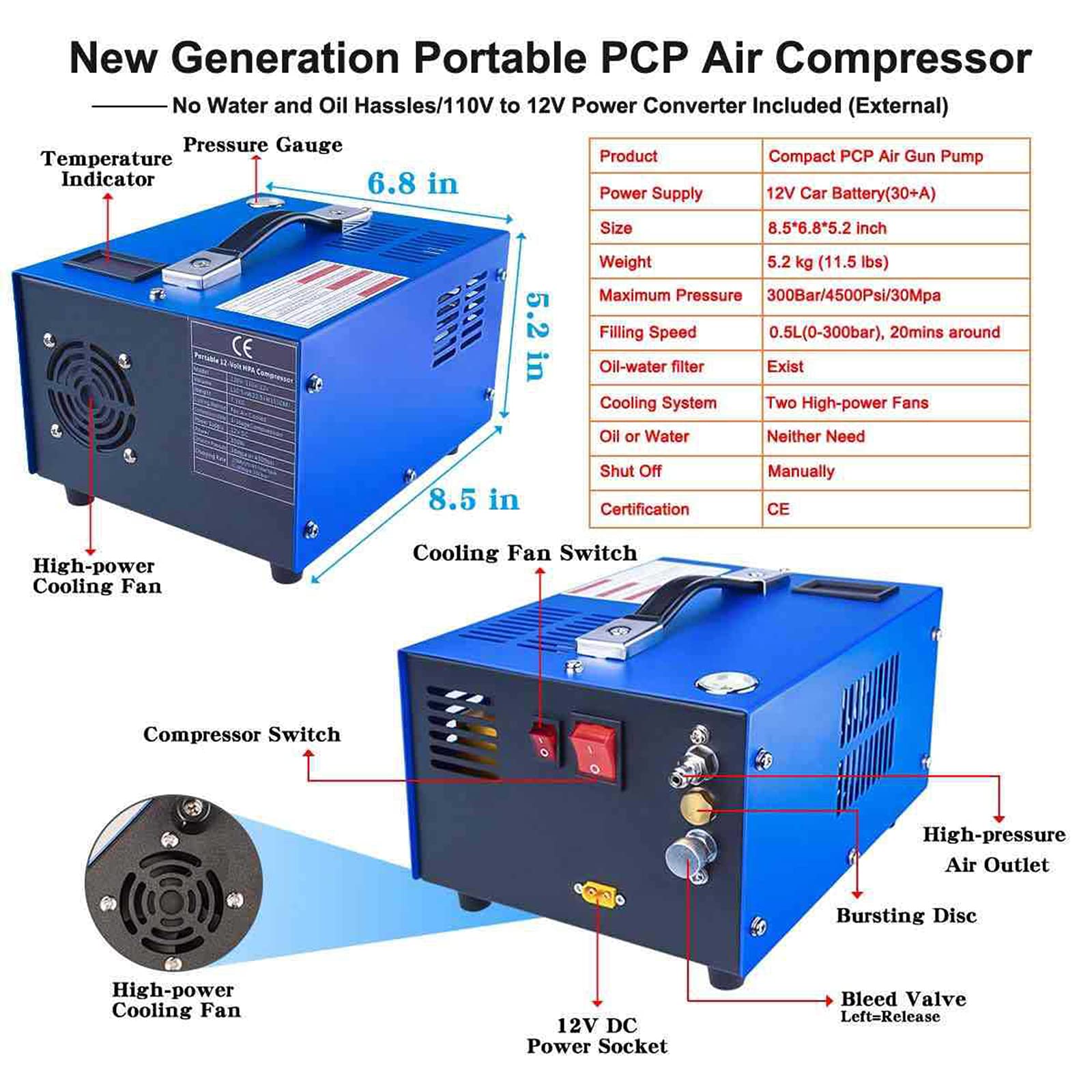 30MPa PCP Air Compressor 4500 PSI High Pressure Air Pump for PCP Rifles - 12V Portable Air Compressor with Built-in Transformer - Perfect for Hunting, Paintball & Outdoor Airgun Refills
