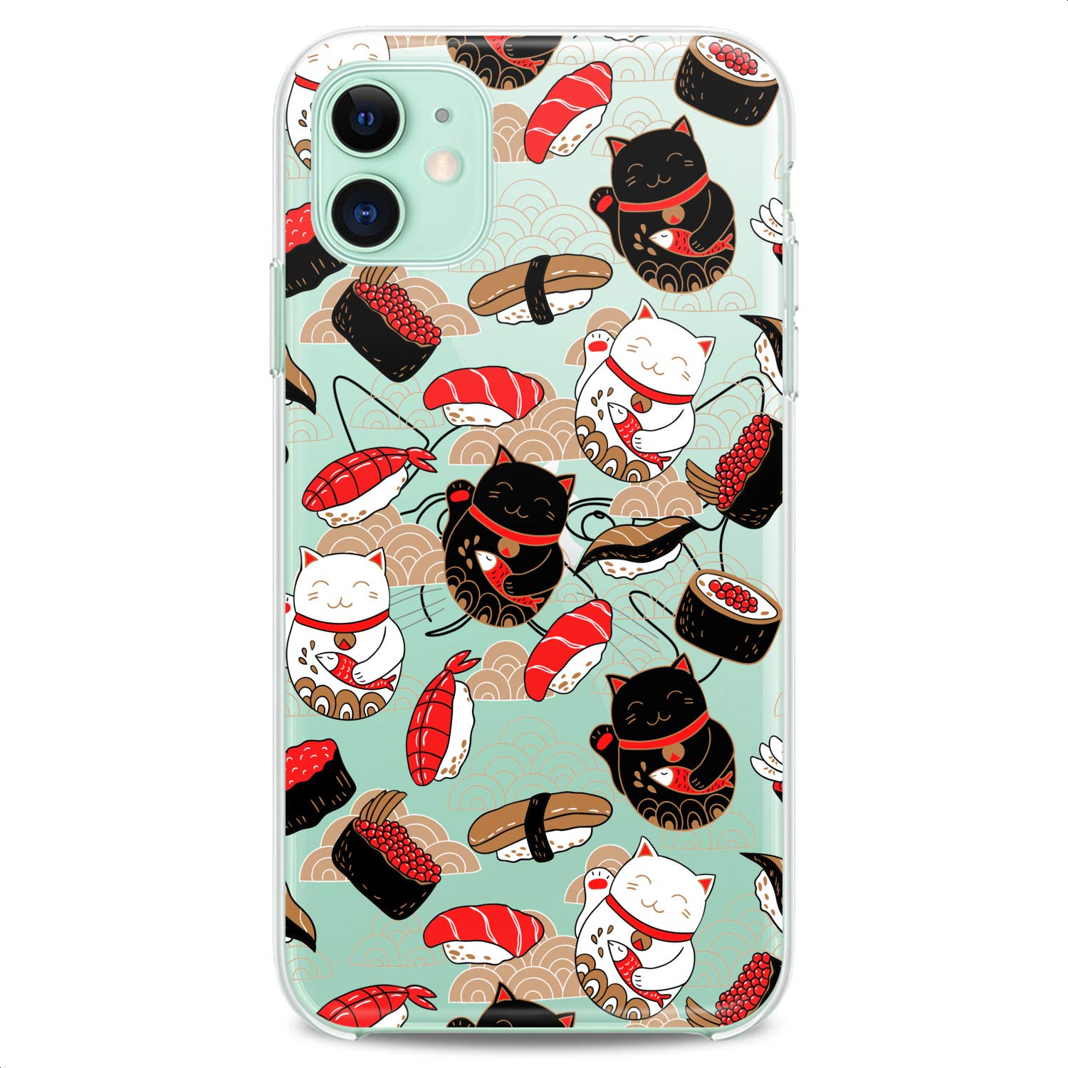 Premium TPU Phone Case for iPhone 16/15/14/13/12/11 Pro Max/Plus/Mini/XS/XR/X/8/7/6/5/SE - Clear Japanese Sushi Kawaii Design with Cute Fish & Cat Prints - Slim Flexible Silicone Protective Cover - Perfect for Everyday Use, Work & Travel
