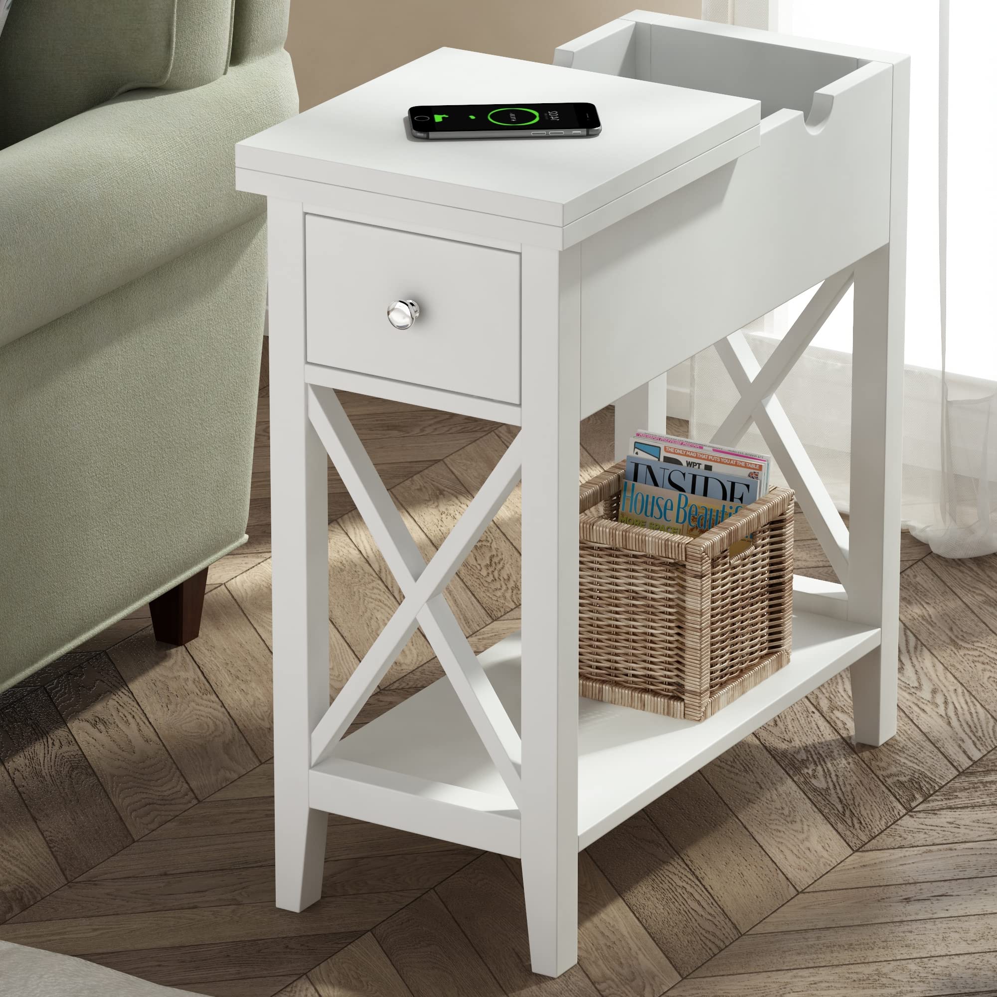 ChooChoo White Flip Top Narrow End Table with Drawer - MDF Material Small Side Table Nightstand for Living Room, Bedroom & Small Spaces - Perfect for Tight Corners, Studio Apartments & Cozy Reading Nooks