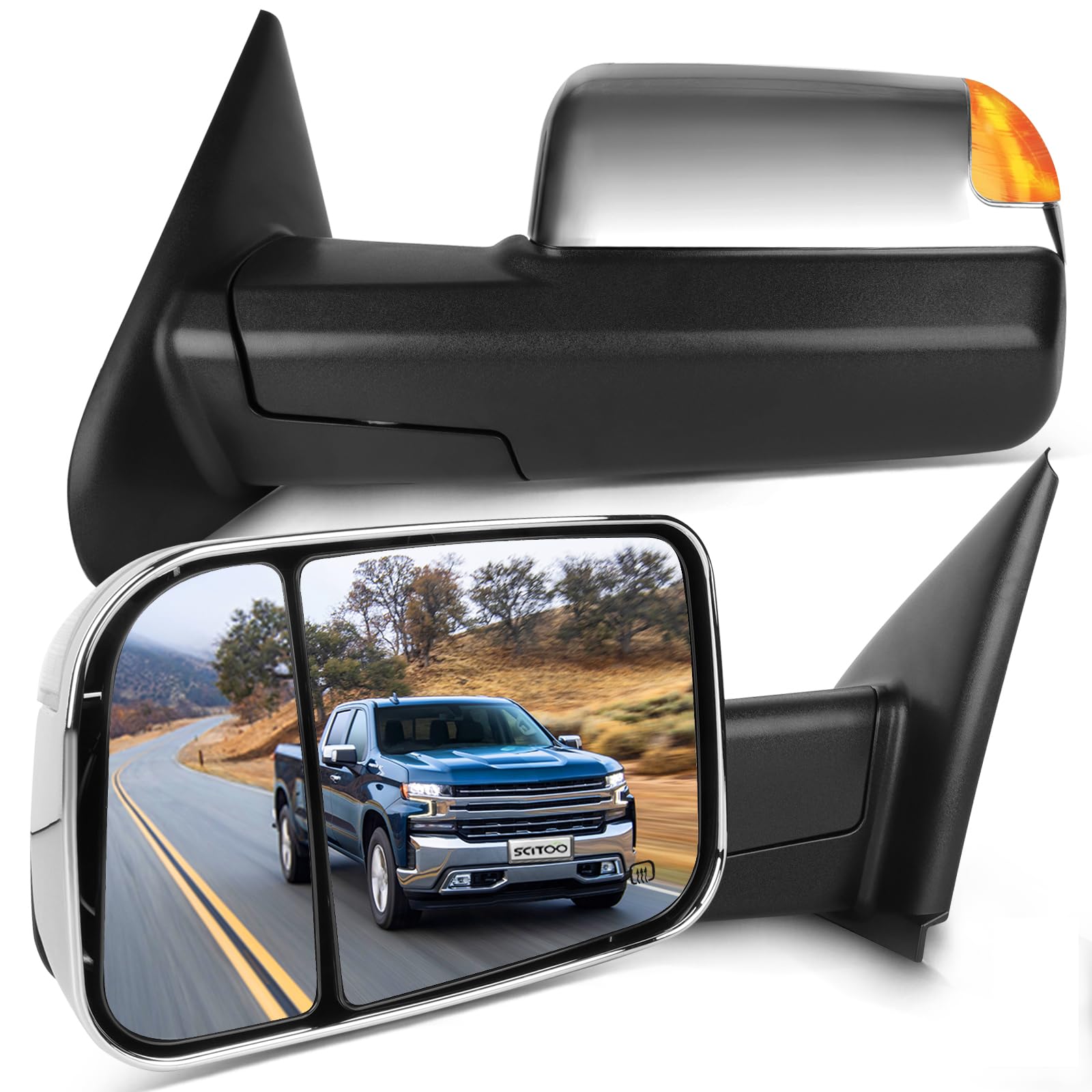 SCITOO Power Adjustable Heated Towing Mirrors with Turn Signal & Puddle Light - Compatible with Dodge Ram 1500 (2010-2017), Ram 2500/3500 (2009-2017) - Manual Folding Flip-Up Chrome Design for Enhanced Towing Safety & Night Visibility
