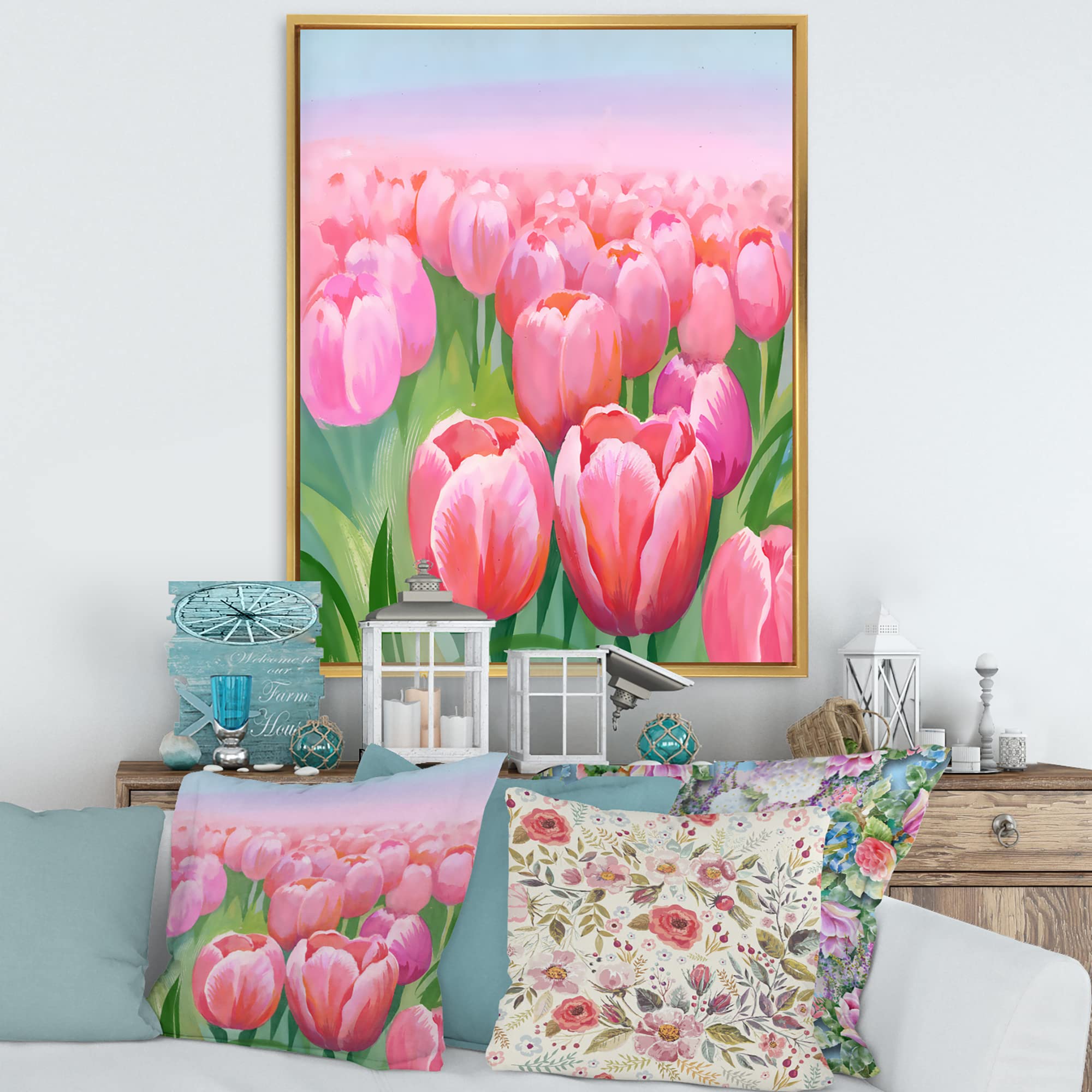 Field of Pink Tulips - Traditional Framed Canvas Wall Art Print - Home Decor for Living Room, Bedroom & Office