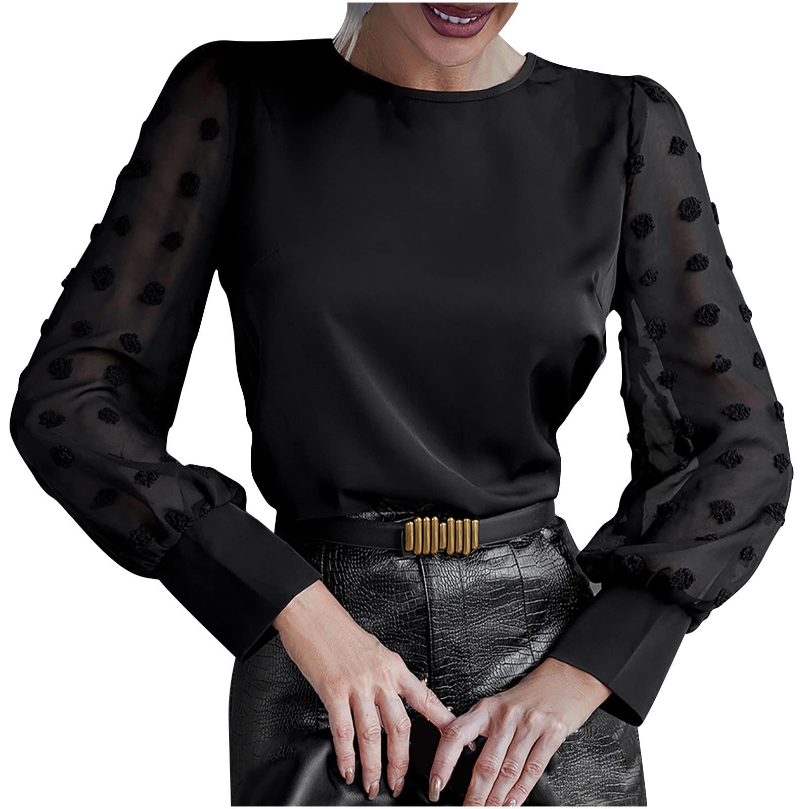 Women's Swiss Dot Long Sleeve Crewneck T-Shirt - Elegant Pompom Blouse for Juniors | Business Casual Work Top | Perfect for Office, Meetings & Professional Events