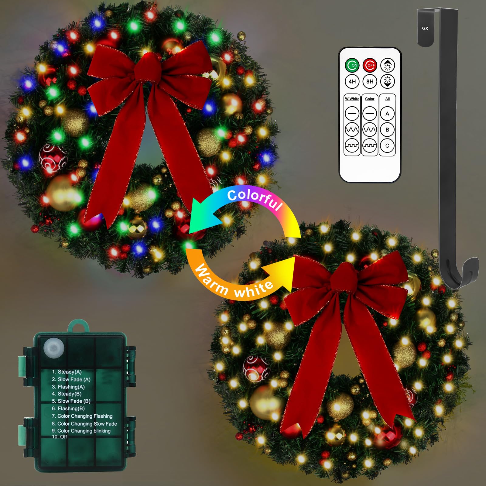 24 Inch Prelit Christmas Wreath with Battery Operated LED Lights & Remote - Waterproof Outdoor Holiday Door Wreath with Timer, 50 Warm White LEDs, Wreath Hanger & Ball Ornaments - Perfect for Front Door, Fireplace, Window & Christmas Home Decorations