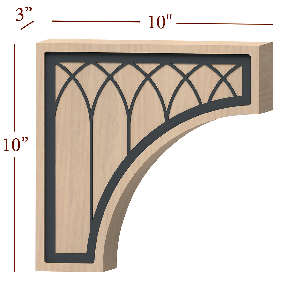 Fast Snap Overhang Corbel with Cathedral Metal Inlay - 10 x 10 x 3 Inches - Decorative Wooden Bracket for Shelves, Cabinets & Home Decor