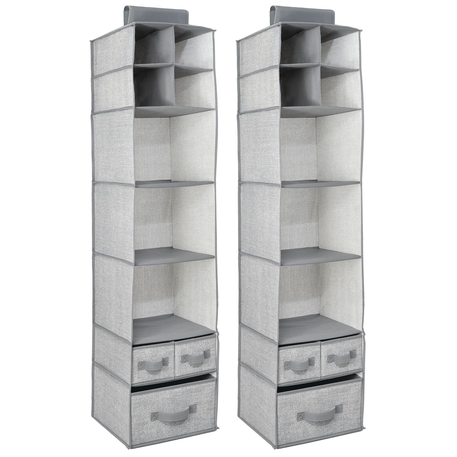 Fabric Hanging Organizer with 7 Shelves & 3 Drawers - Gray 2 Pack for Closet & Nursery Storage