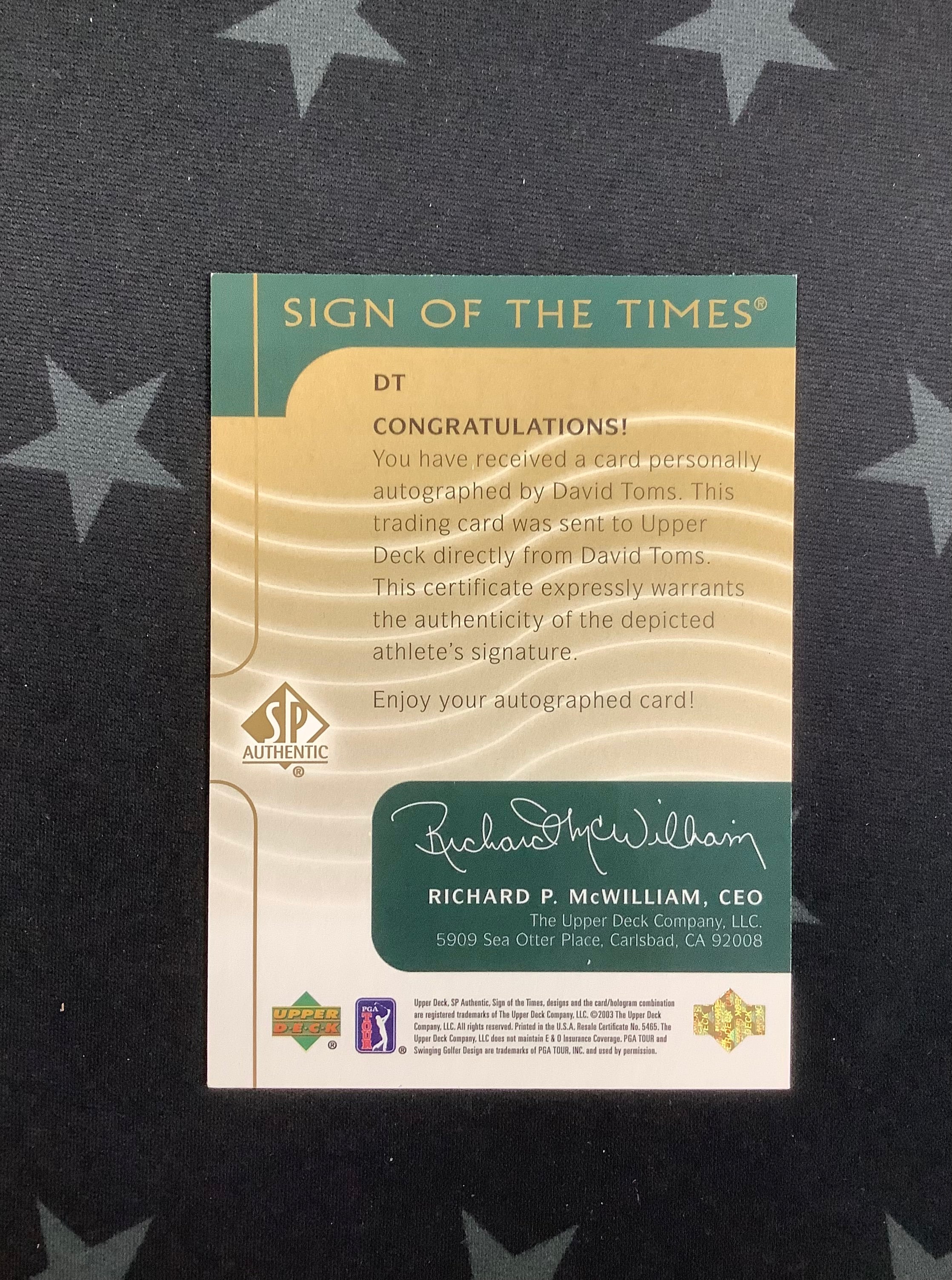 2003 Upper Deck Sign of the Times David Toms Authentic Autographed Golf Card #DT - Collectible Memorabilia for Sports Fans & Display in Home or Office