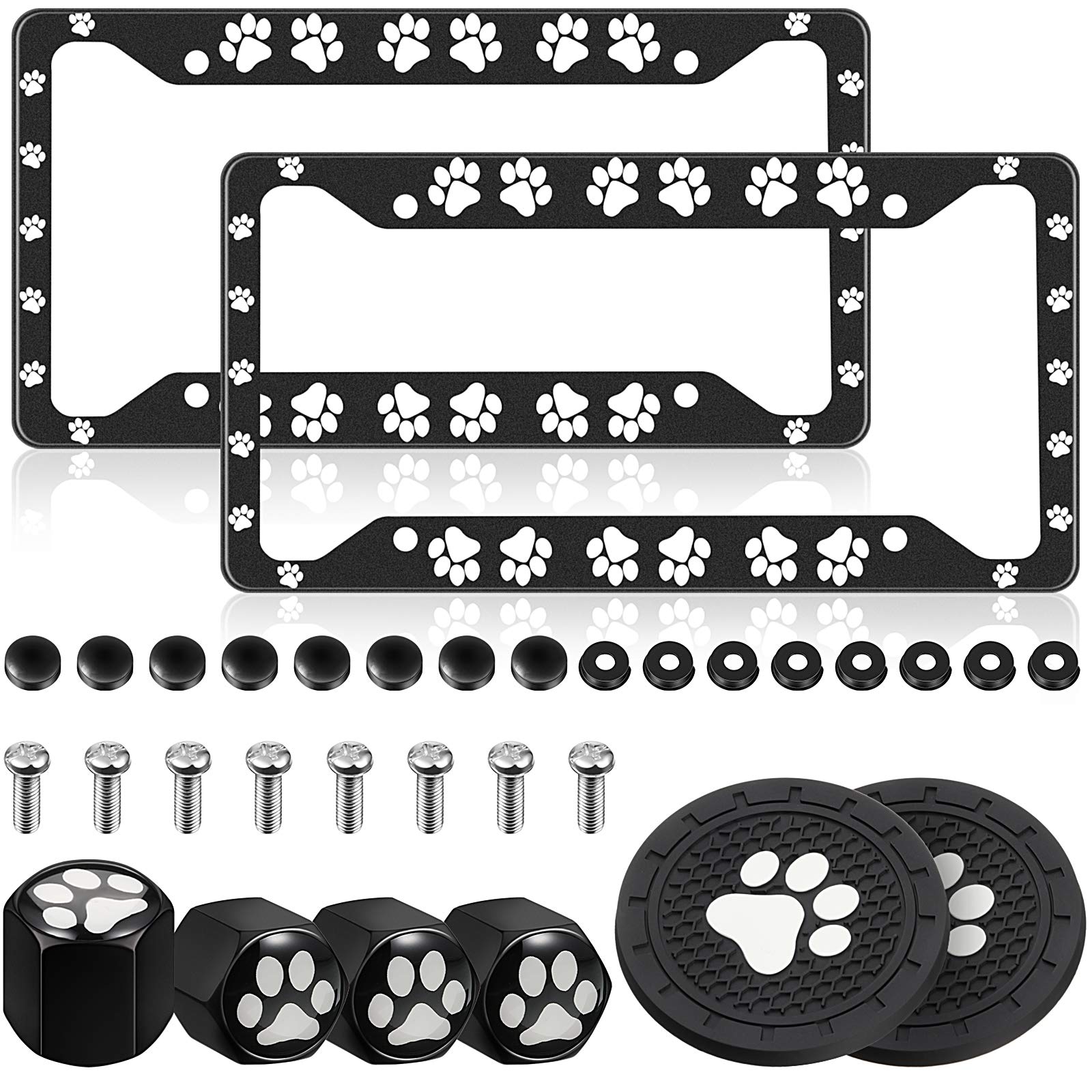 2 Pack Dog Paw Print License Plate Frames - Aluminum Alloy Car Plate Covers with 4 Valve Stem Caps & 2 Paw Mats - Perfect for Pet Lovers' Vehicles, Custom Car Accessories, and Unique Gift Ideas