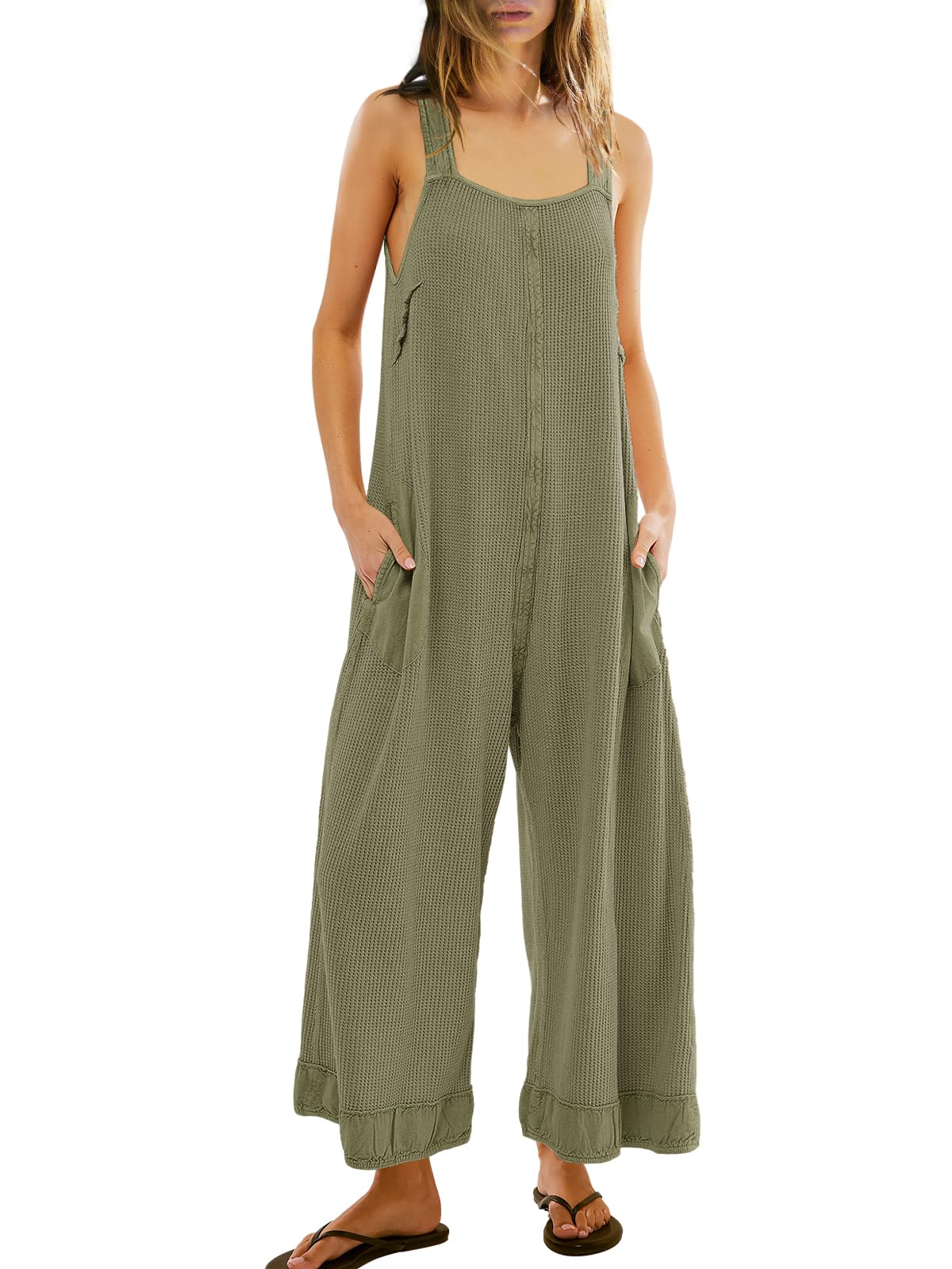 SENSERISE Women's Wide Leg Jumpsuit - Waffle Knit Open Back Romper with Pockets - Casual Loose Overalls for Summer, Beach, and Lounge Wear