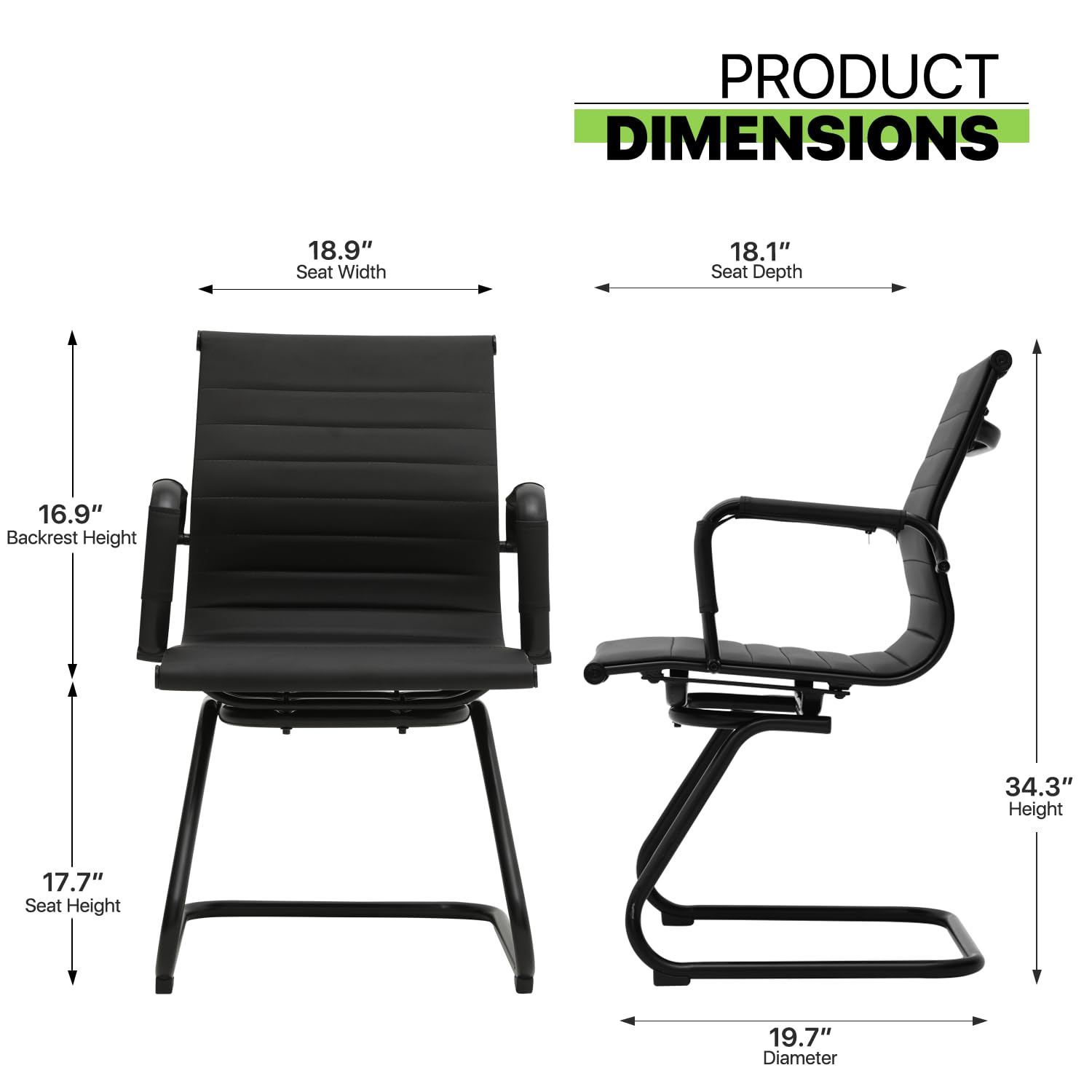 Magshion Office Reception Guest Chair - No Wheels, Mid Back PU Leather Waiting Room Chair with Metal Leg Sled Base & Arms for Conference Room, Hotel Lobby, Clinic Waiting Area - Black (2 Pack)