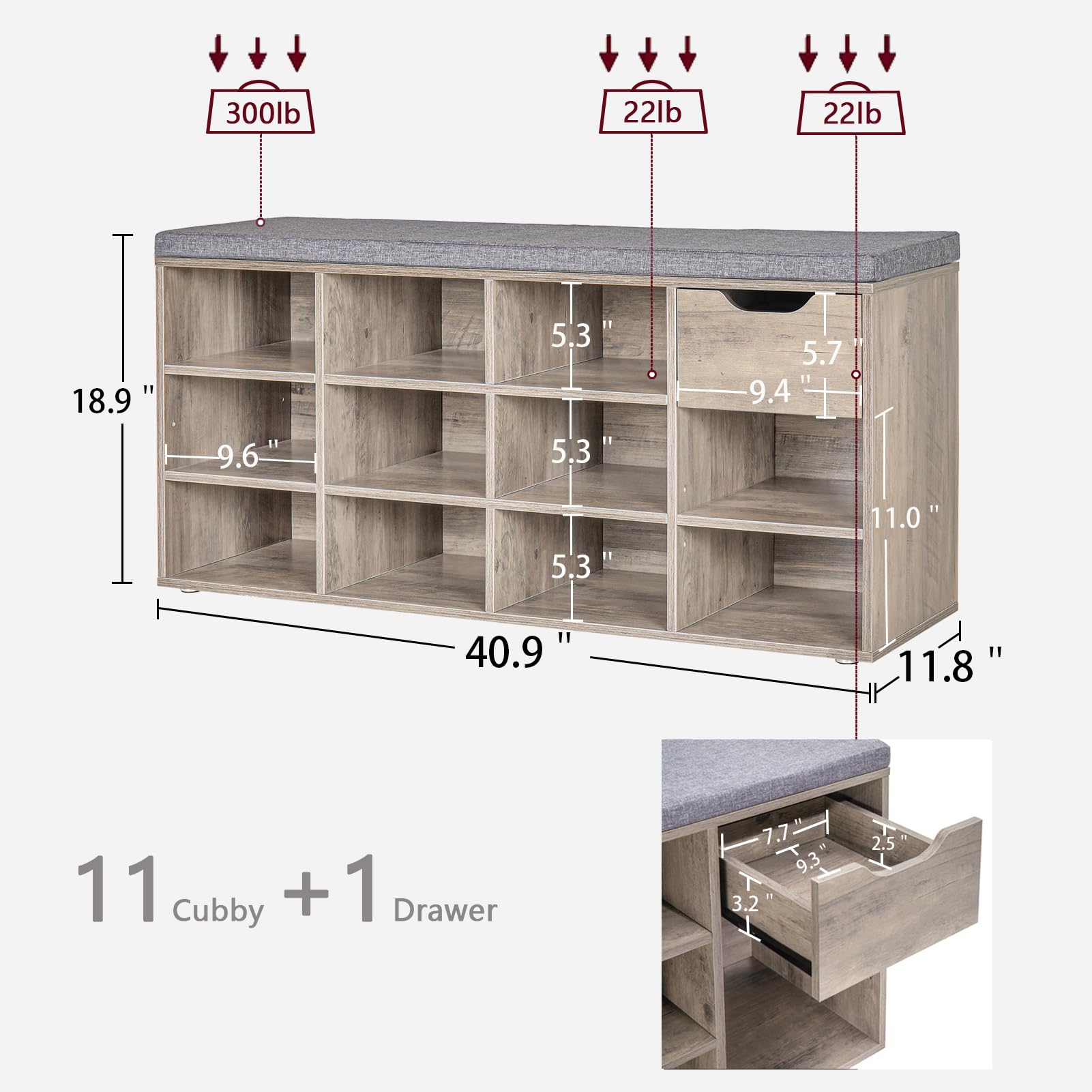 DINZI LVJ Shoe Bench with Drawer & 11 Cubbies - Adjustable Shelf Entryway Storage Bench | Shoe Organizer Cabinet for Living Room, Bedroom, Mudroom, Closet & Garage | Perfect for Small Space Organization & Entryway Decor (Greige)