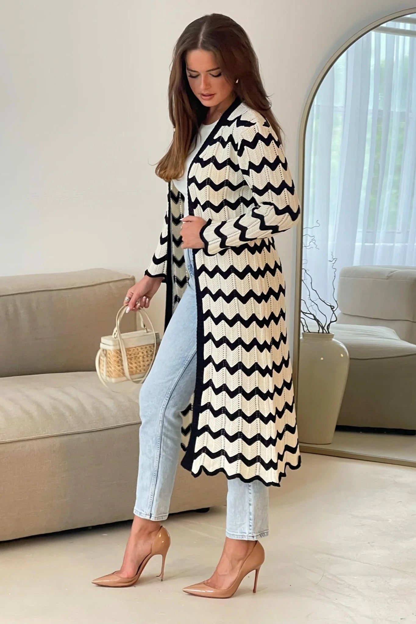 Crochet Monochrome Chevron Cardigan for Women - Black & Cream Handmade Knit Sweater | Boho Chic Lace-Up Cardigan for Fall, Winter, Date Night & Casual Outfits