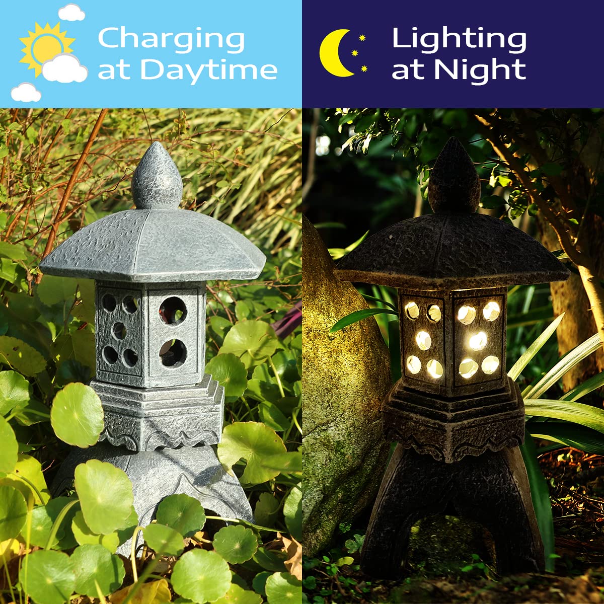 Solar-Powered Pagoda Lantern Garden Statue with Lotus Lights - Large Resin Japanese Temple Pagoda Lamp for Asian Zen Outdoor Decor - Perfect for Landscape, Patio, Porch, Lawn & Christmas Gift Giving