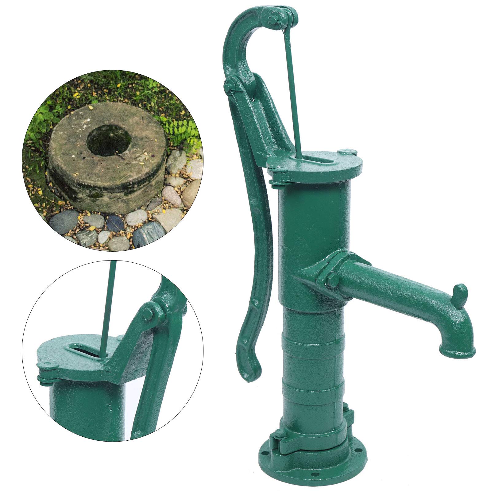 CNCEST Manual Water Pitcher Pump - Cast Iron Hand Pump for Outdoor Yard, Pond & Well - 26ft Max Pressure Head - Green - Perfect for Garden Irrigation, Livestock Watering & Emergency Water Supply