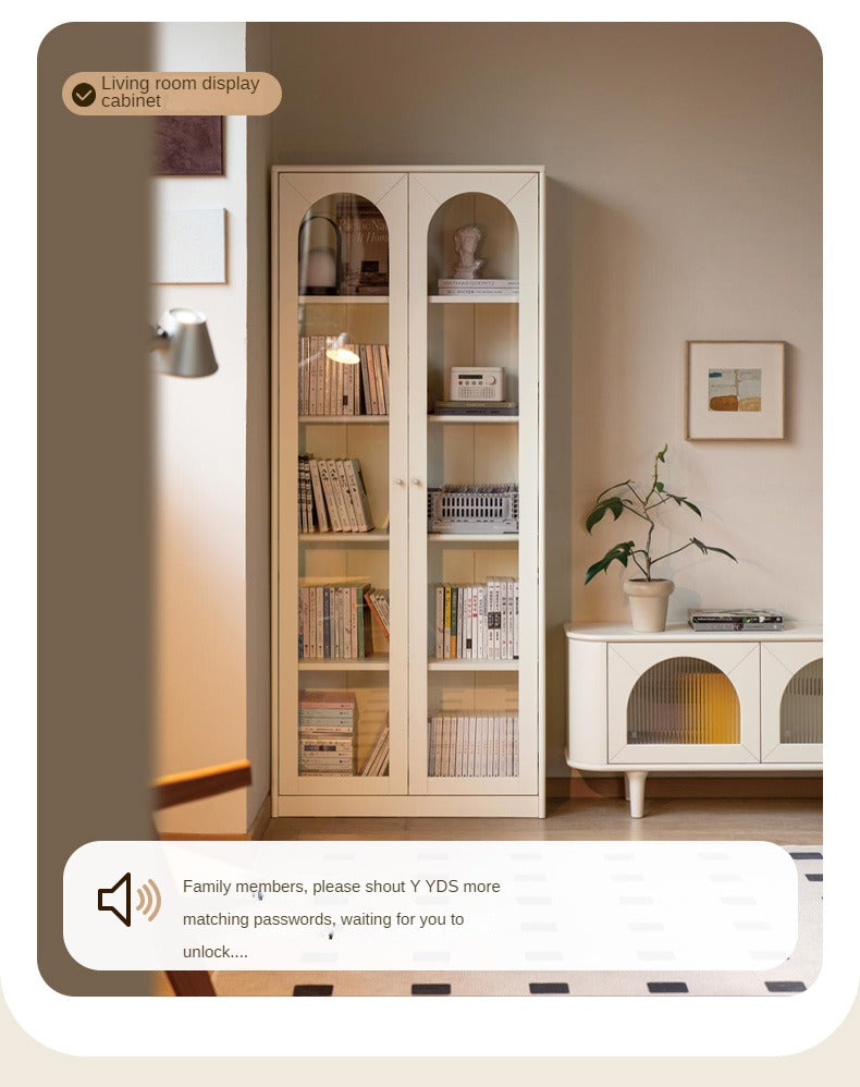 French Cream Style Poplar Solid Wood Bookcase with Glass Door - Whole Wall Combination for Living Room, Office & Library Storage