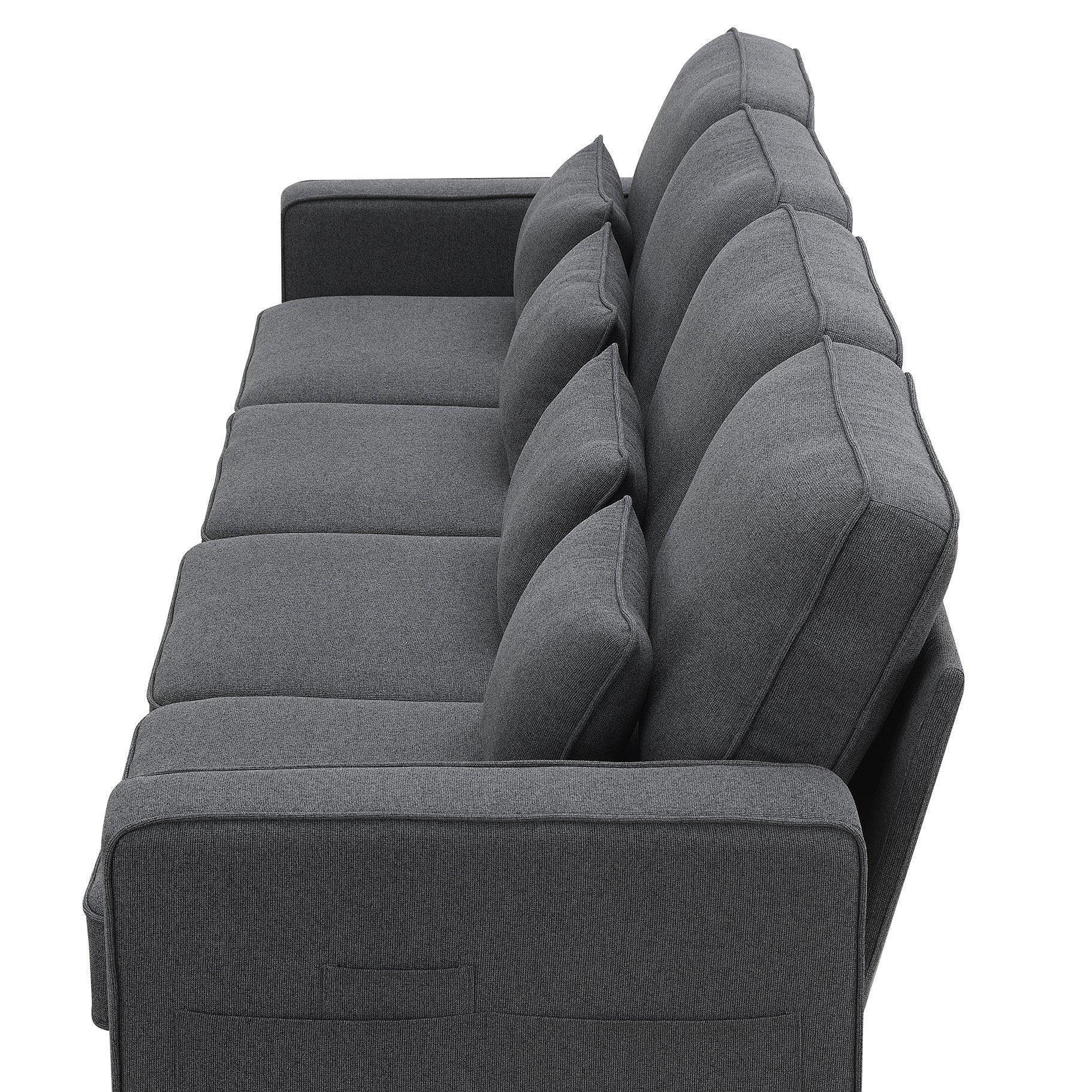 Modern 4-Seater Linen Fabric Sofa with Armrest Pockets & 4 Throw Pillows - Minimalist Living Room Couch for Small Spaces, Apartments and Cozy Home Decor